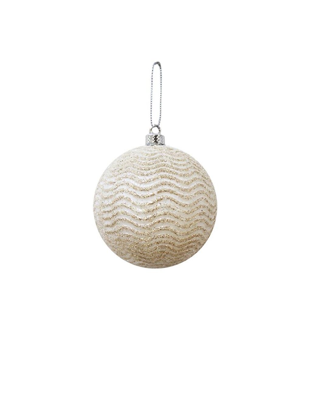Ekru Yılbaşı Topu Simli Dalga Desenli Çam Ağacı Süsü Işıltılı Açık Krem 10 cm 2'li-2