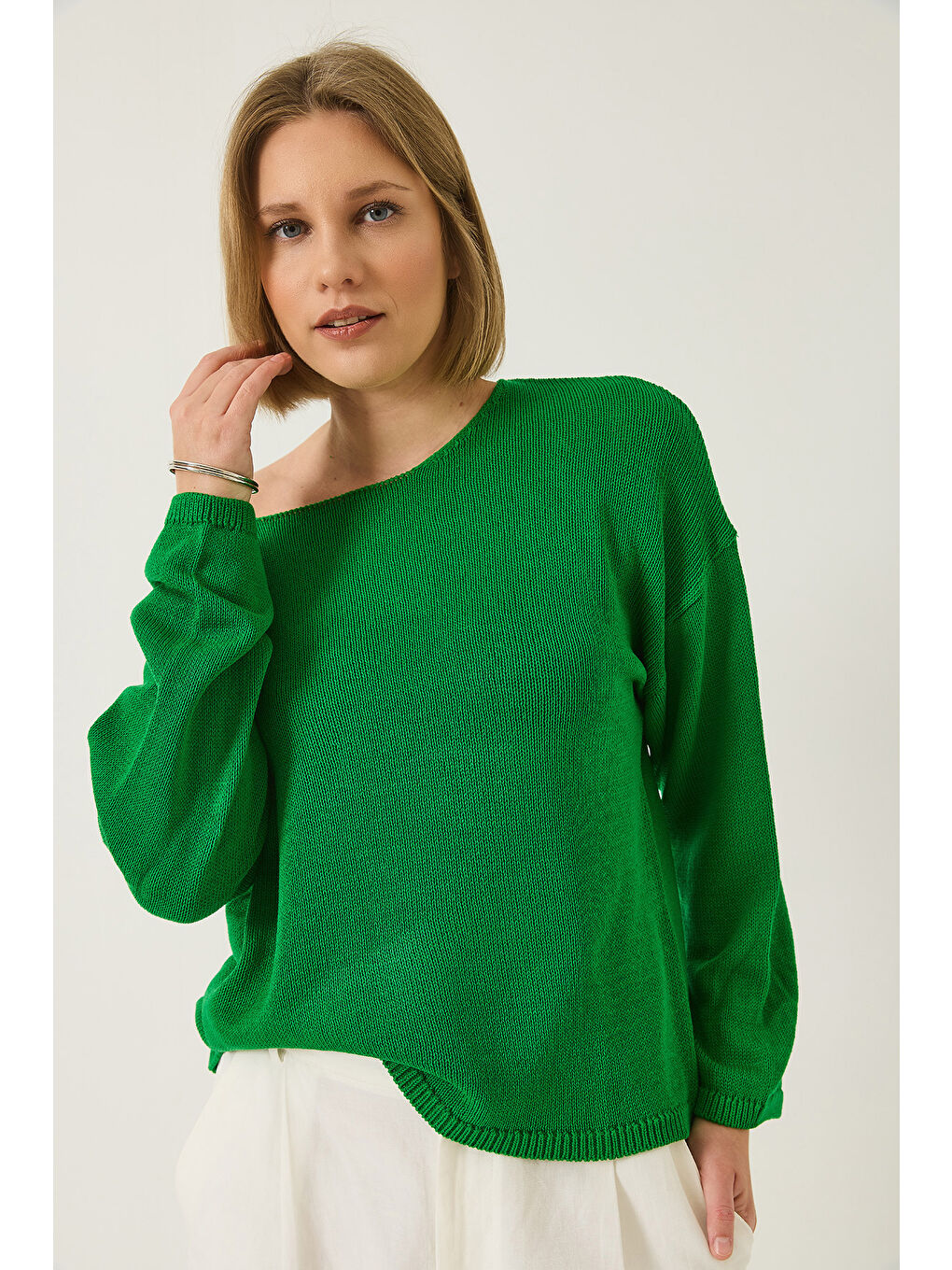Yeşil Kadın Kayık Yaka Triko Merserize Basic Bluz-1