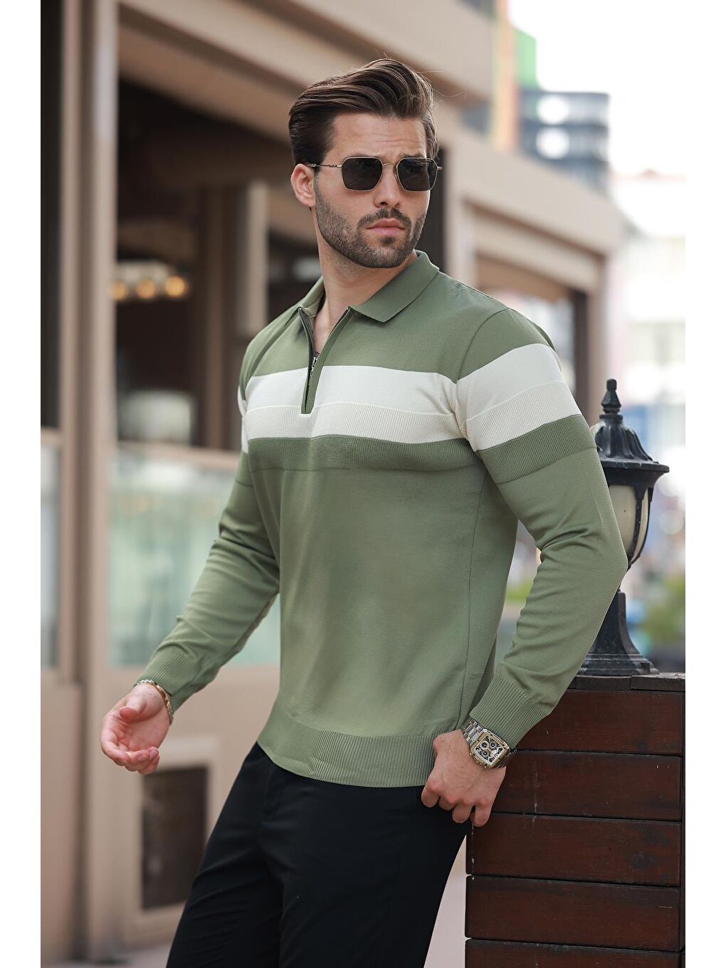 Haki Fermuarlı Polo Yaka Çizgili Uzun Kollu Kazak E7288-1