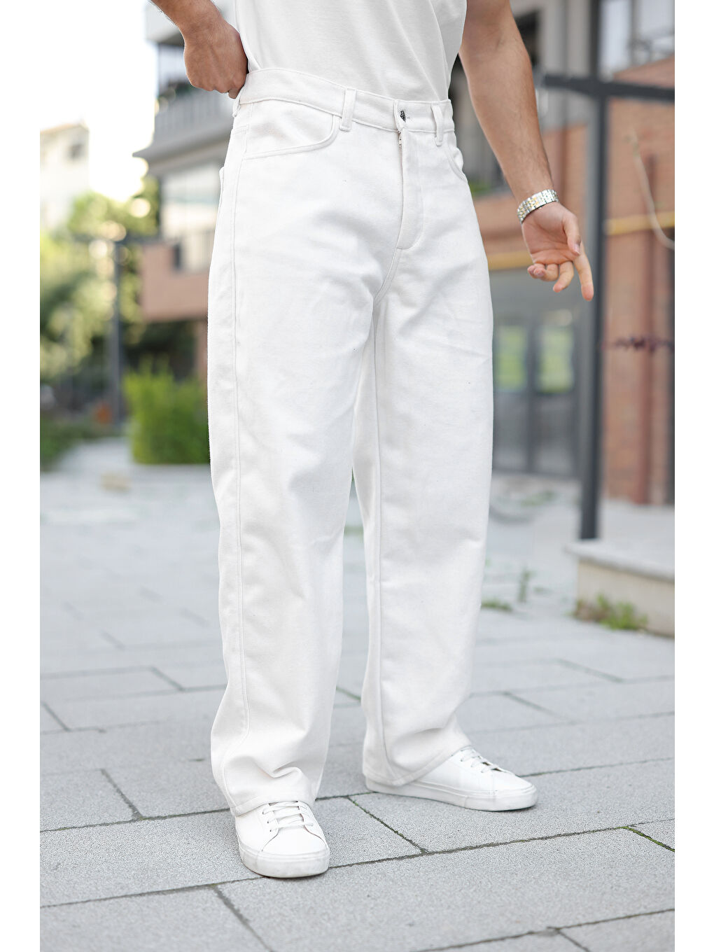 Erkek Yüksek Bel Bol Paça Günlük Beyaz Baggy Pantolon