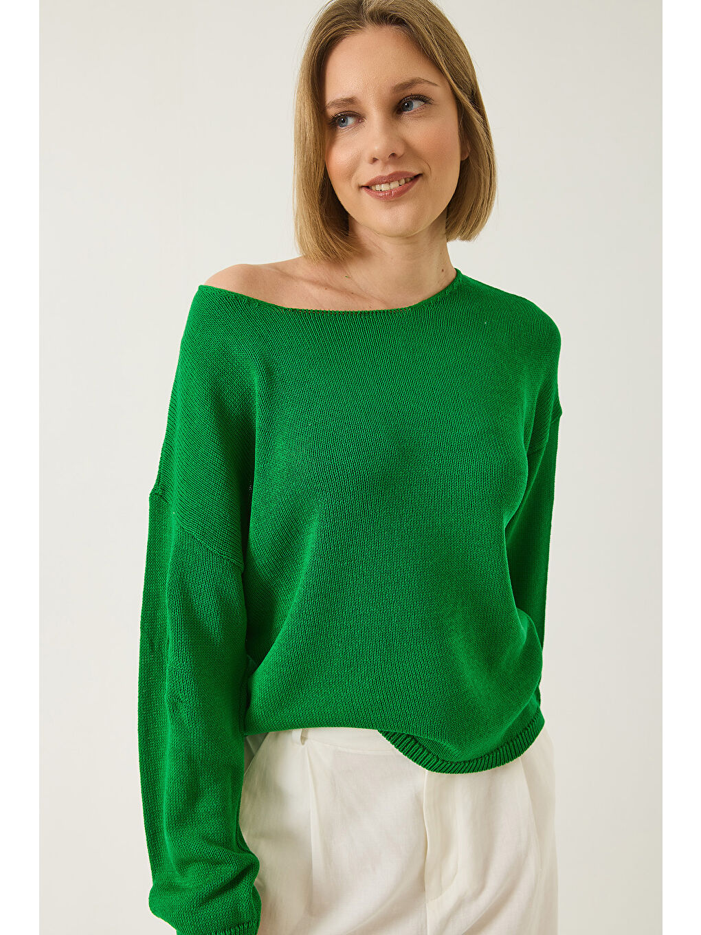 Yeşil Kadın Kayık Yaka Triko Merserize Basic Bluz-2