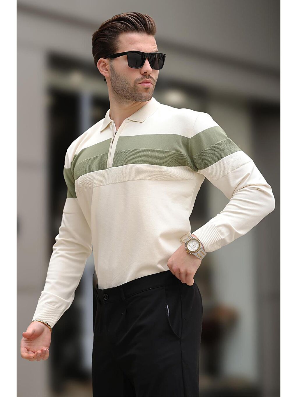 Bej Fermuarlı Polo Yaka Çizgili Uzun Kollu Kazak E7288-3