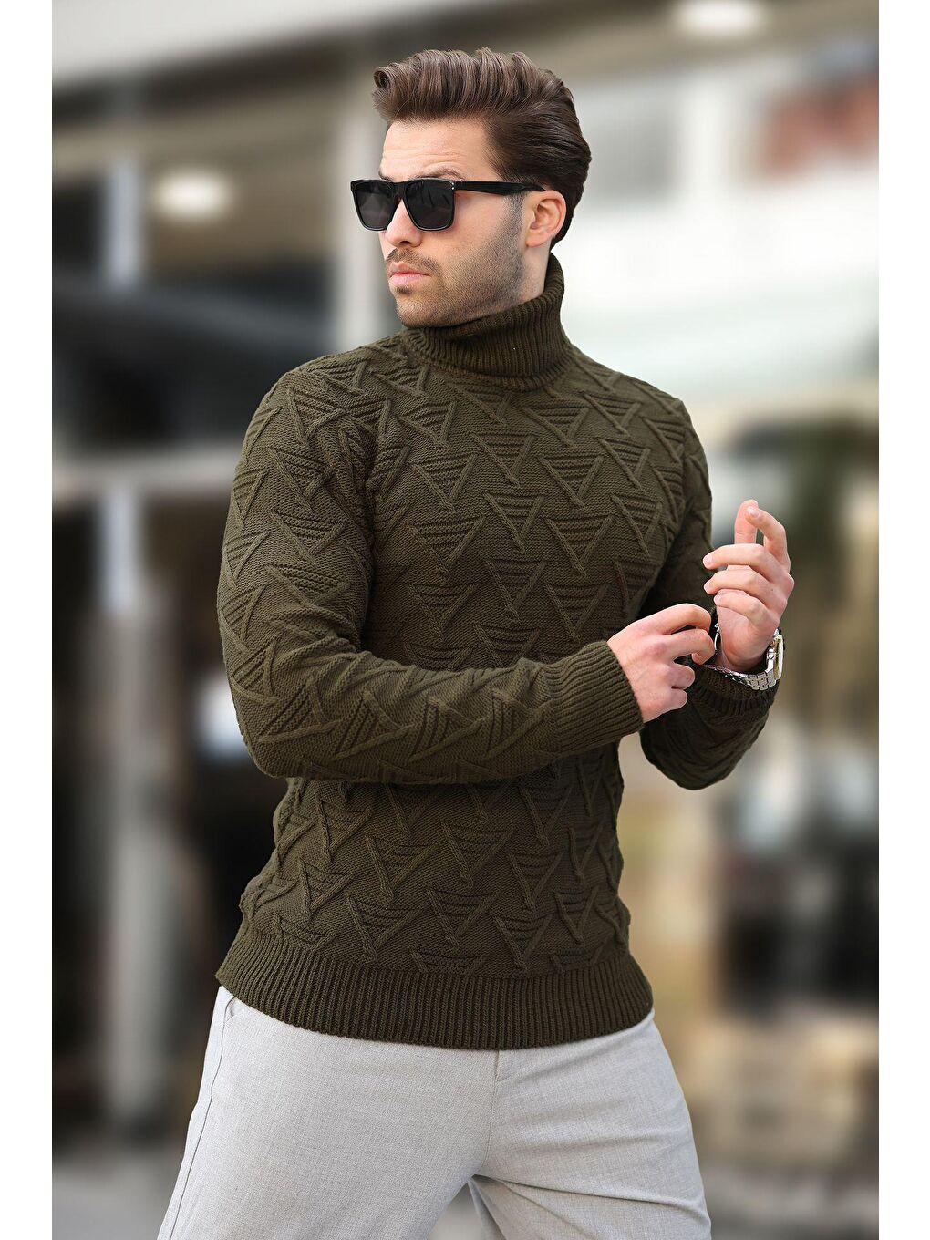 Haki Balıkçı Yaka Desenli Erkek Kazak E7292-2