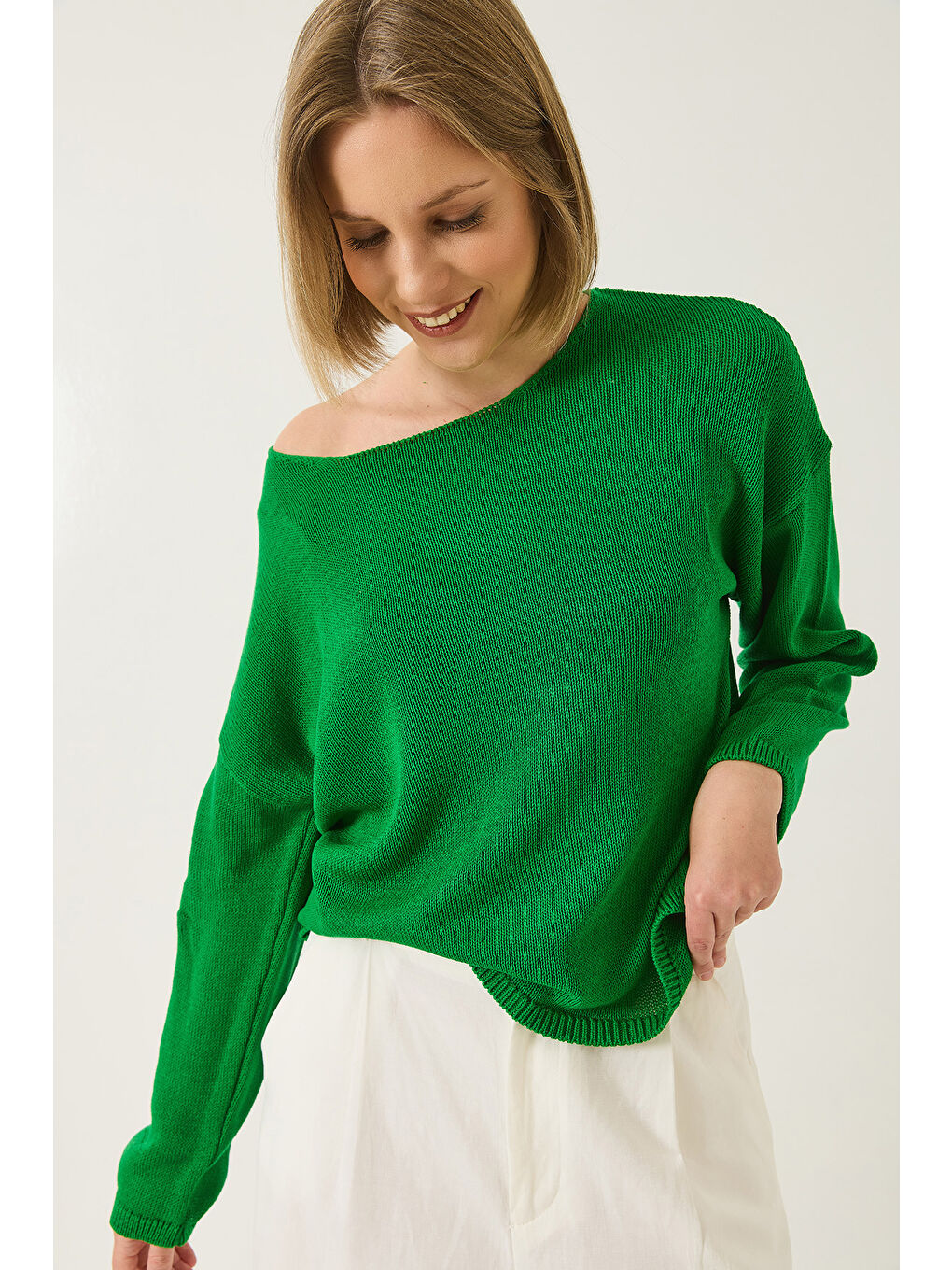 Yeşil Kadın Kayık Yaka Triko Merserize Basic Bluz-3