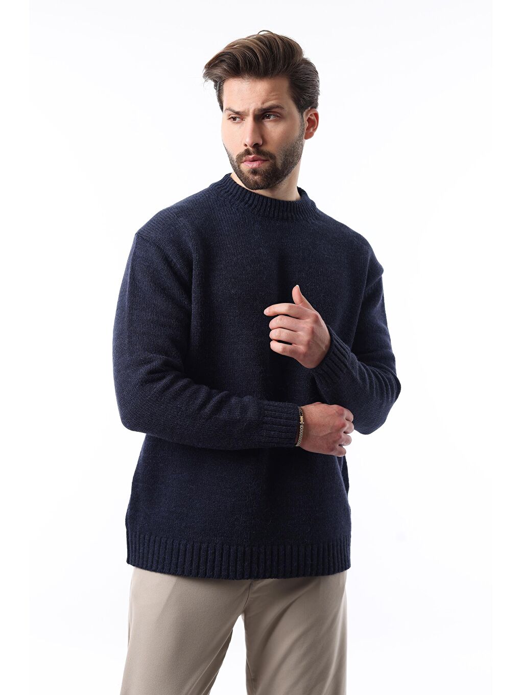 Lacivert Bisiklet Yaka Overfit Erkek Triko Kazak E7402