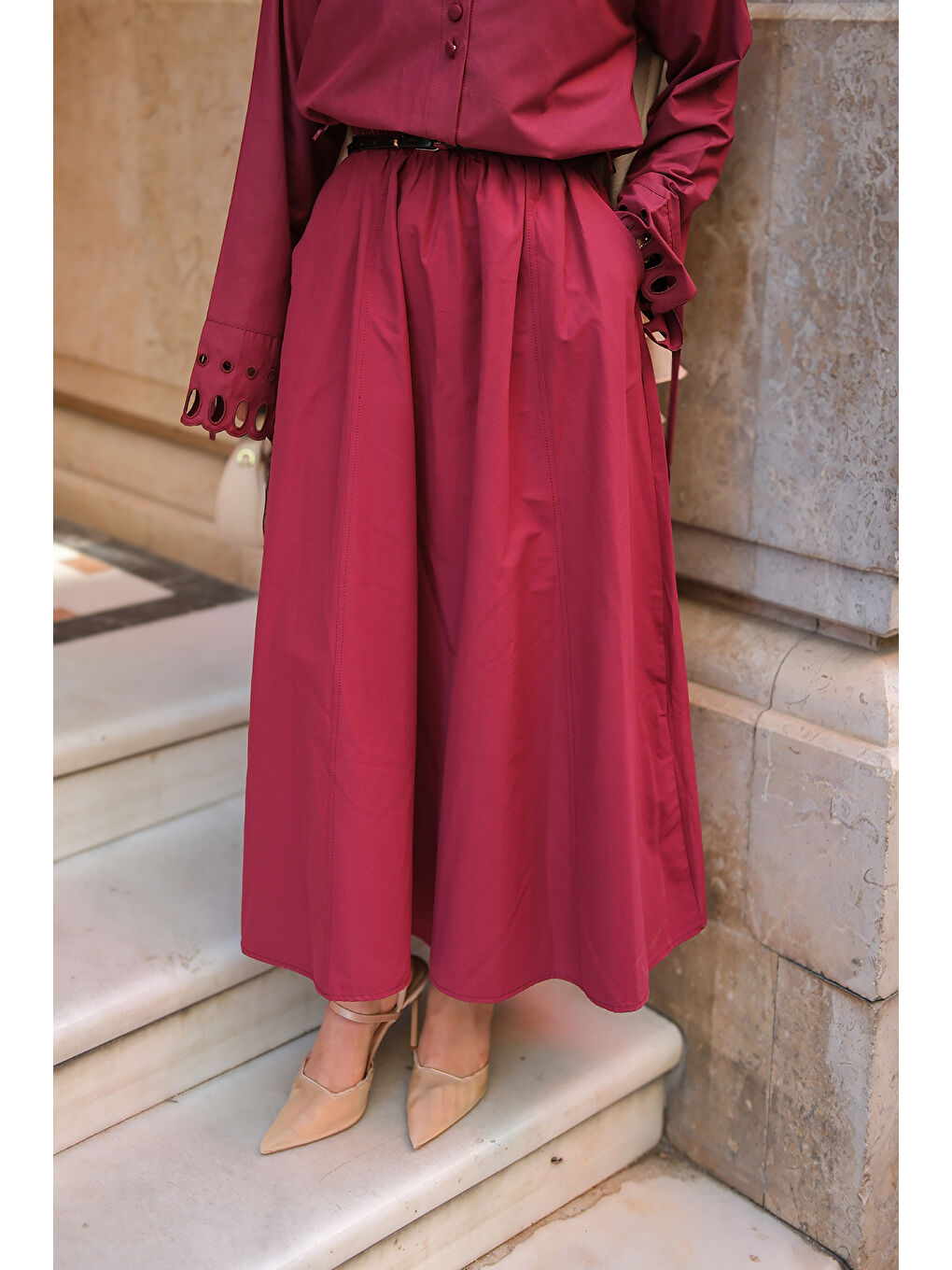 Kadın Bel Lastikli Etek Bordo-1