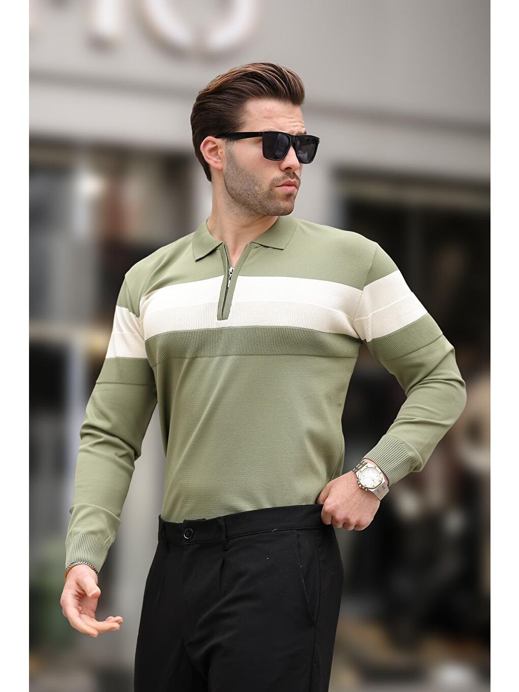 Haki Fermuarlı Polo Yaka Çizgili Uzun Kollu Kazak E7288-2