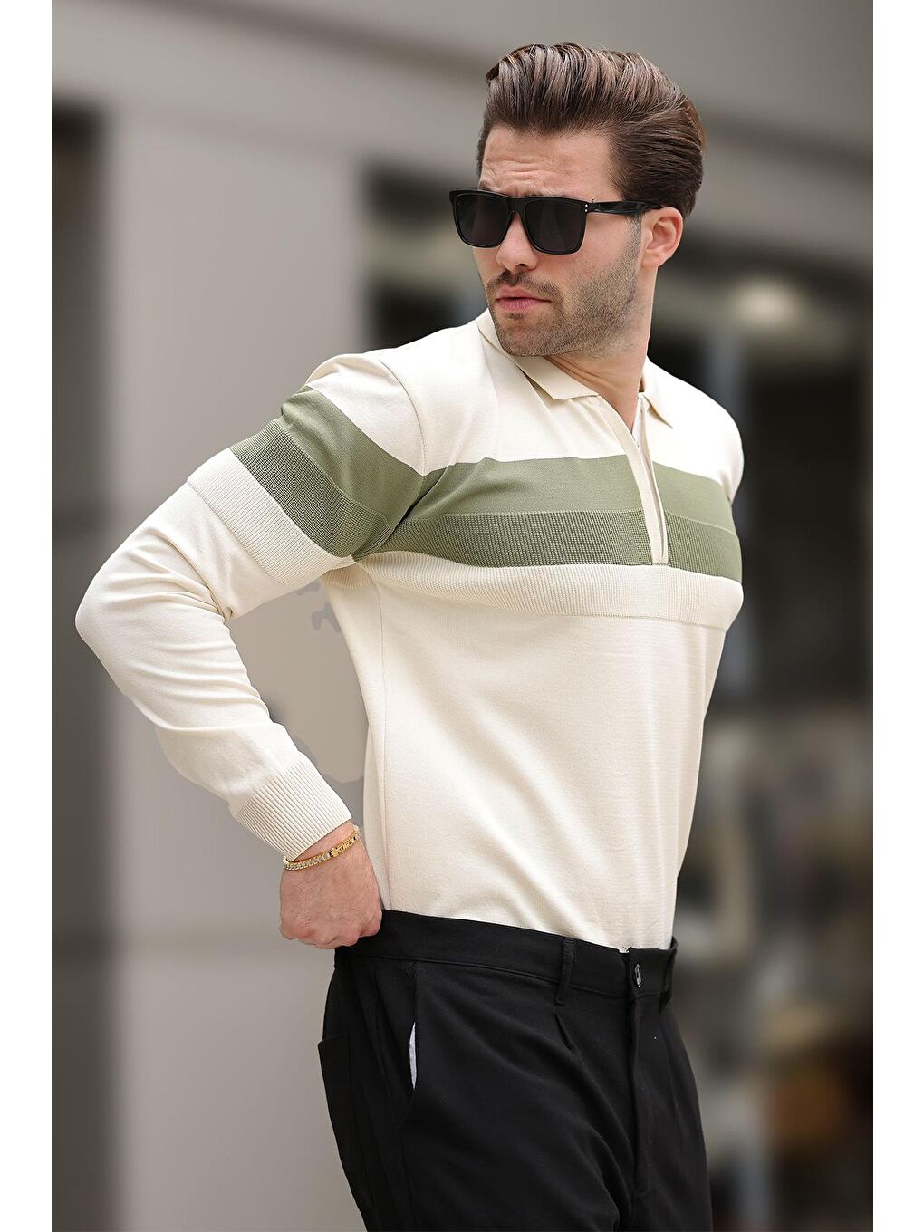 Bej Fermuarlı Polo Yaka Çizgili Uzun Kollu Kazak E7288-4