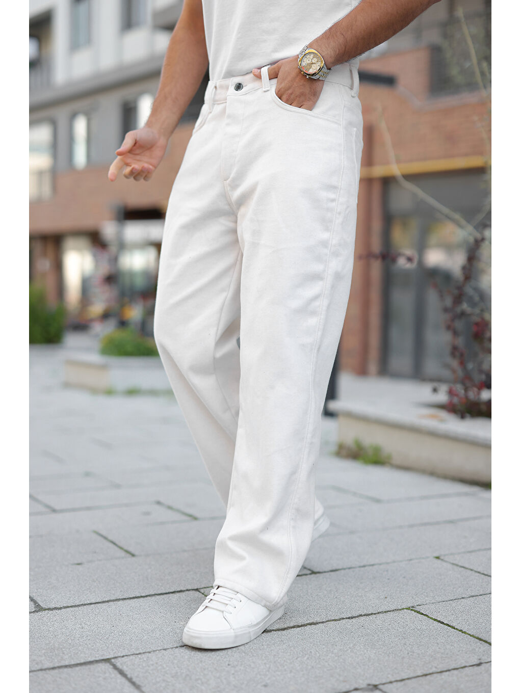 Erkek Yüksek Bel Bol Paça Günlük Beyaz Baggy Pantolon-1