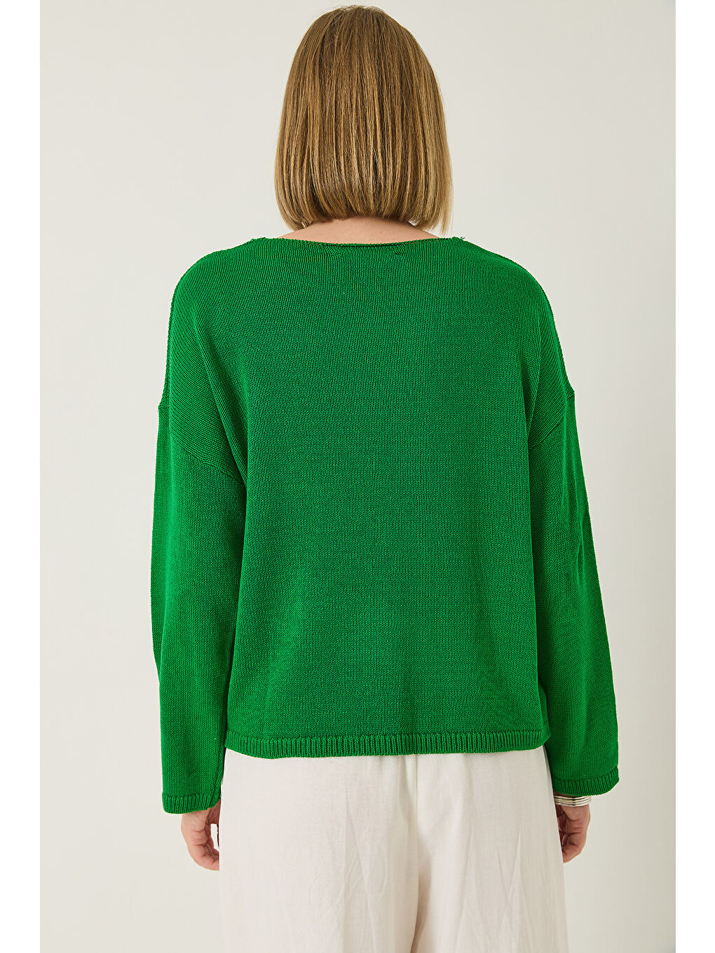 Yeşil Kadın Kayık Yaka Triko Merserize Basic Bluz-5