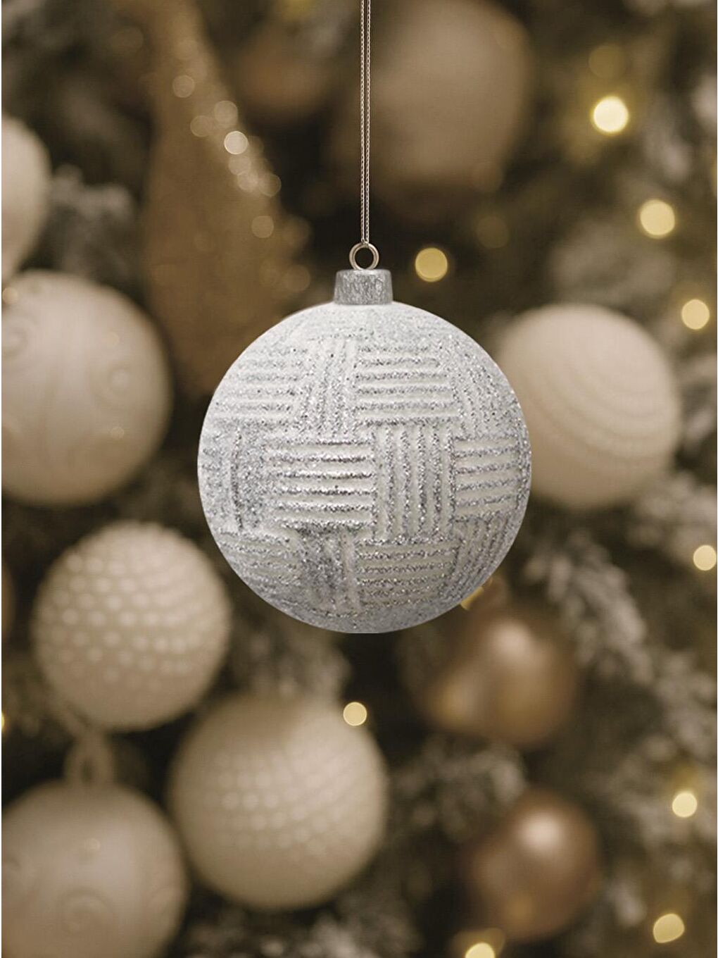 Yılbaşı Topu Gümüş Örgü Desenli Lüks Çam Ağacı Süsü Beyaz 10 cm 2'li