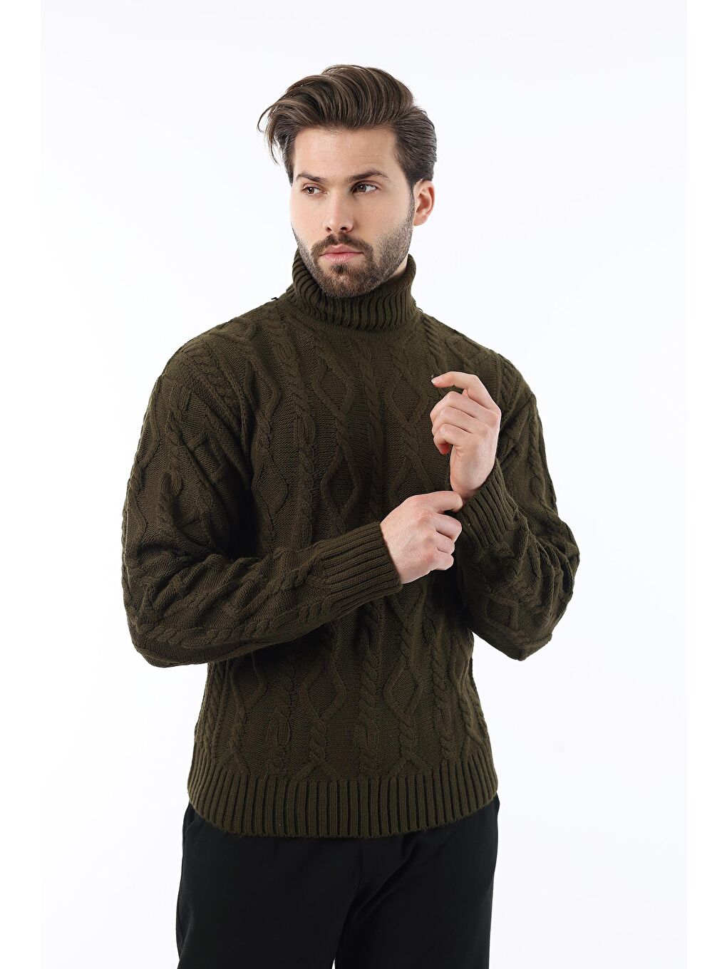 Haki Balıkçı Yaka Desenli Erkek Kazak E7292-3