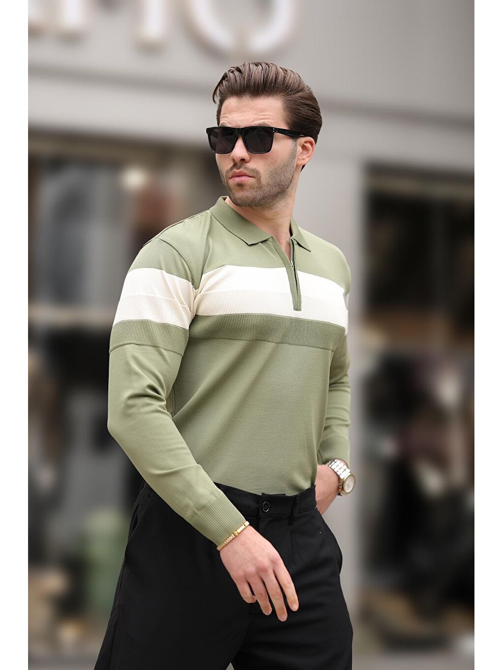 Haki Fermuarlı Polo Yaka Çizgili Uzun Kollu Kazak E7288-3