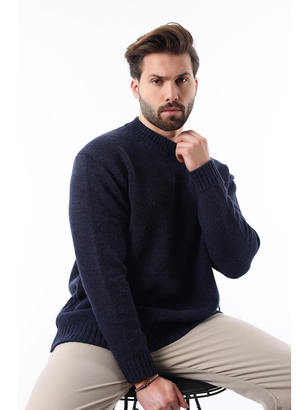 Lacivert Bisiklet Yaka Overfit Erkek Triko Kazak E7402-1