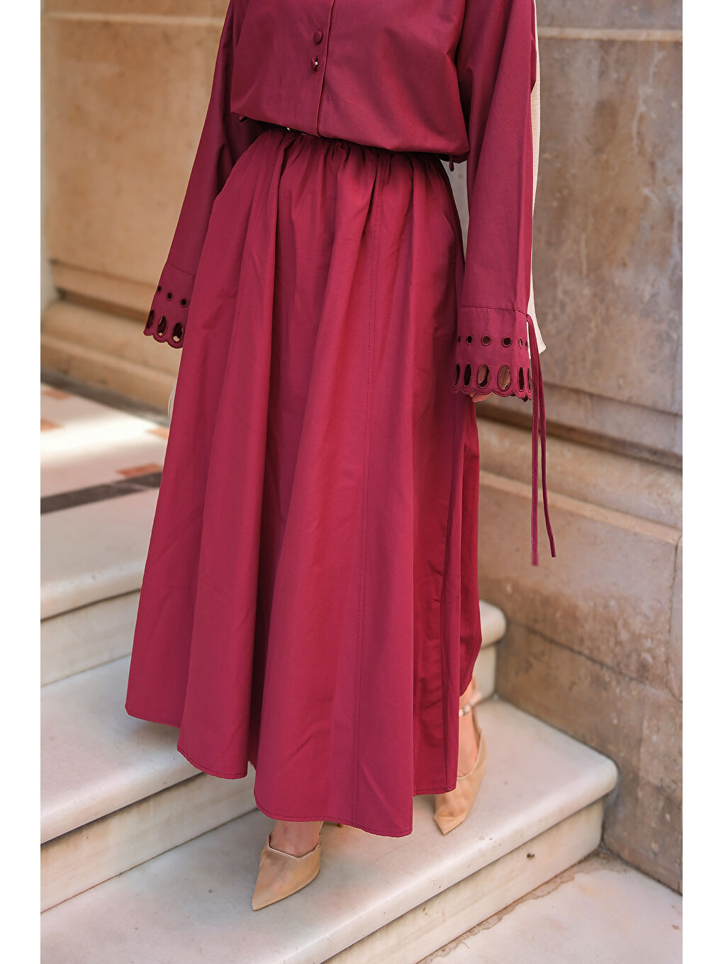 Kadın Bel Lastikli Etek Bordo-3