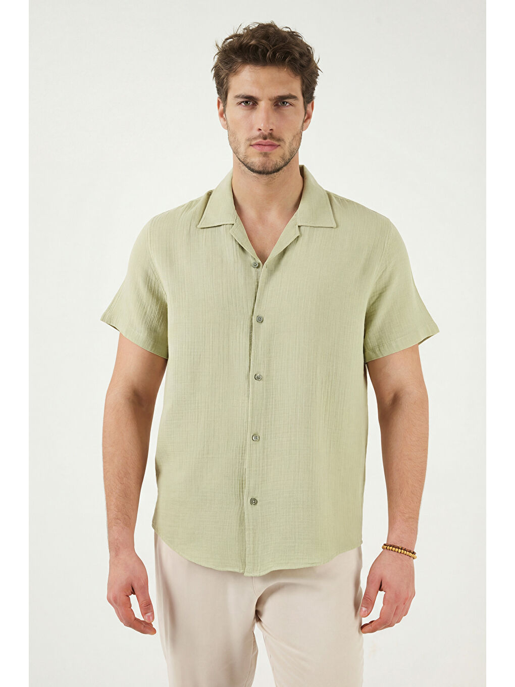 Yeşil Pamuklu Regular Fit Klasik Yaka Kısa Kollu Gömlek CF26S125404-2