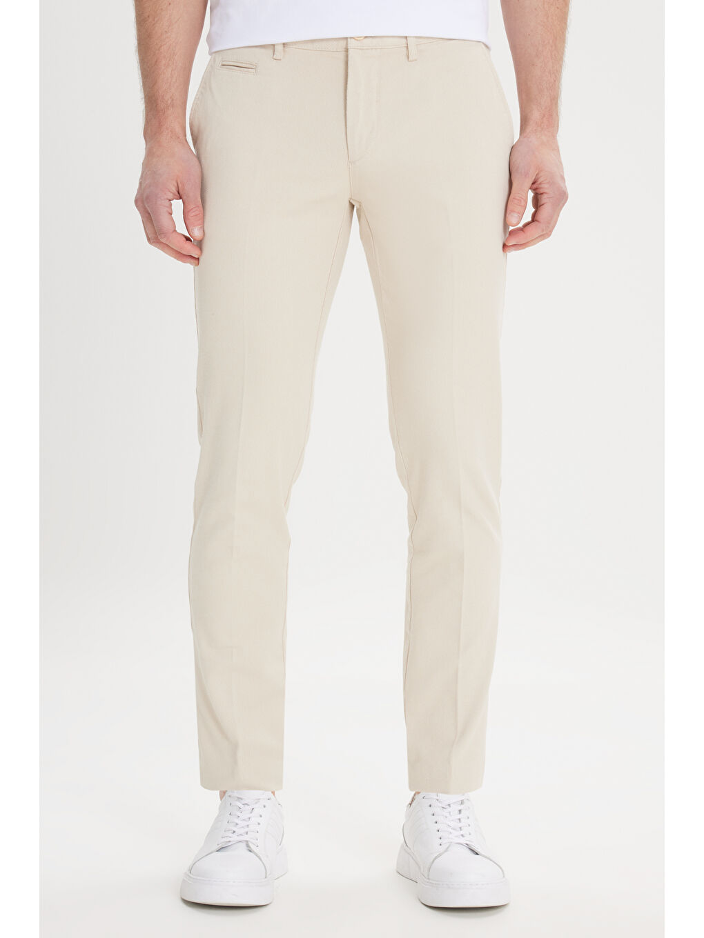 Erkek Ekru Slim Fit Dar Kesim Yan Cepli Pamuklu Esnek Armürlü Pantolon