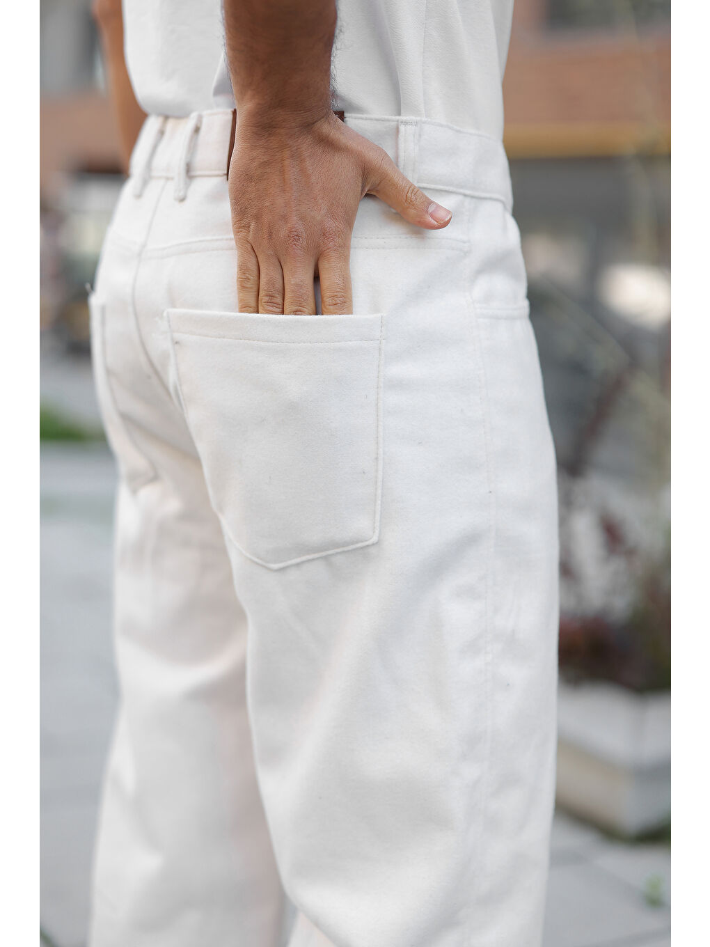 Erkek Yüksek Bel Bol Paça Günlük Beyaz Baggy Pantolon-2