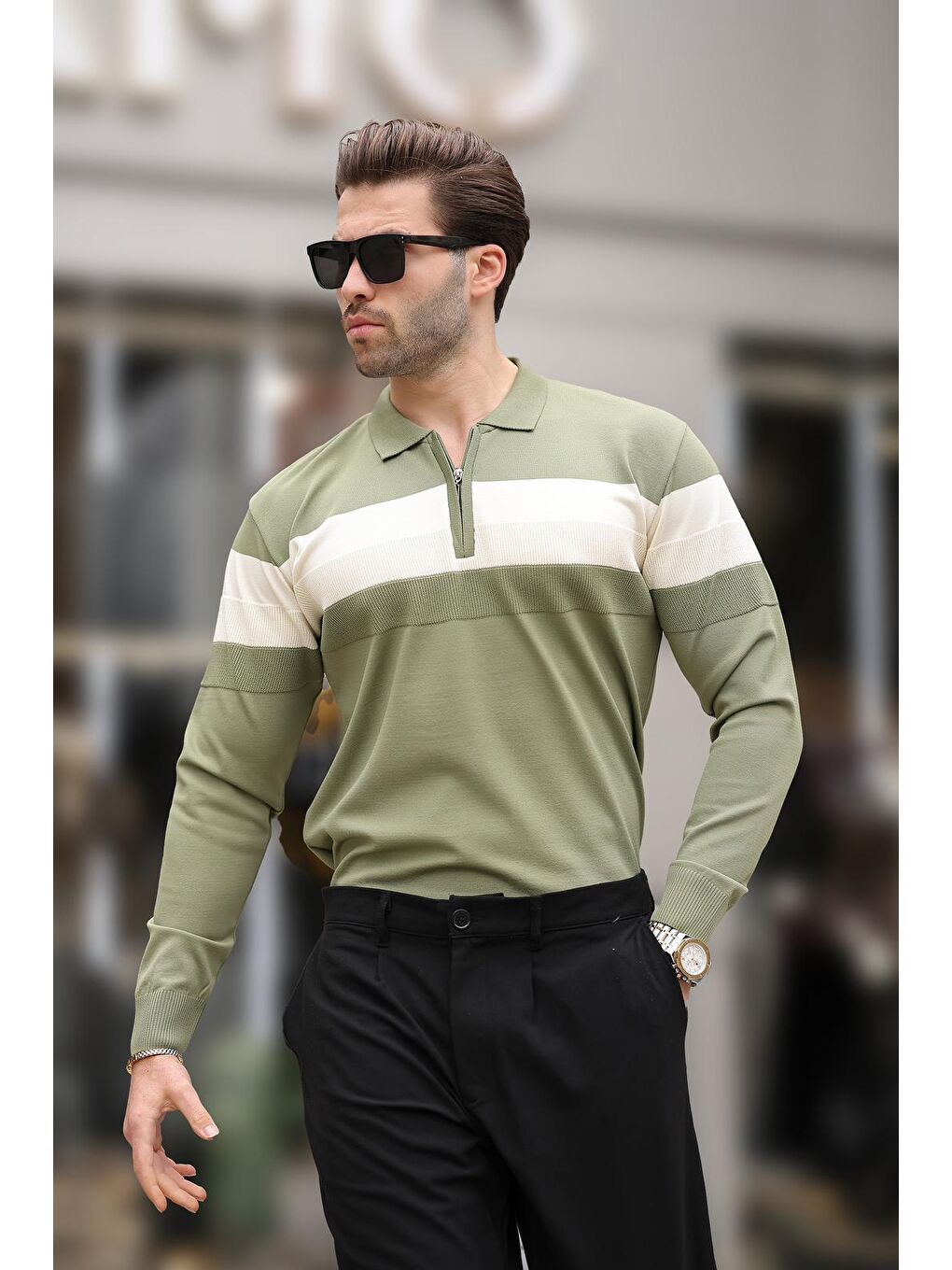 Haki Fermuarlı Polo Yaka Çizgili Uzun Kollu Kazak E7288-4