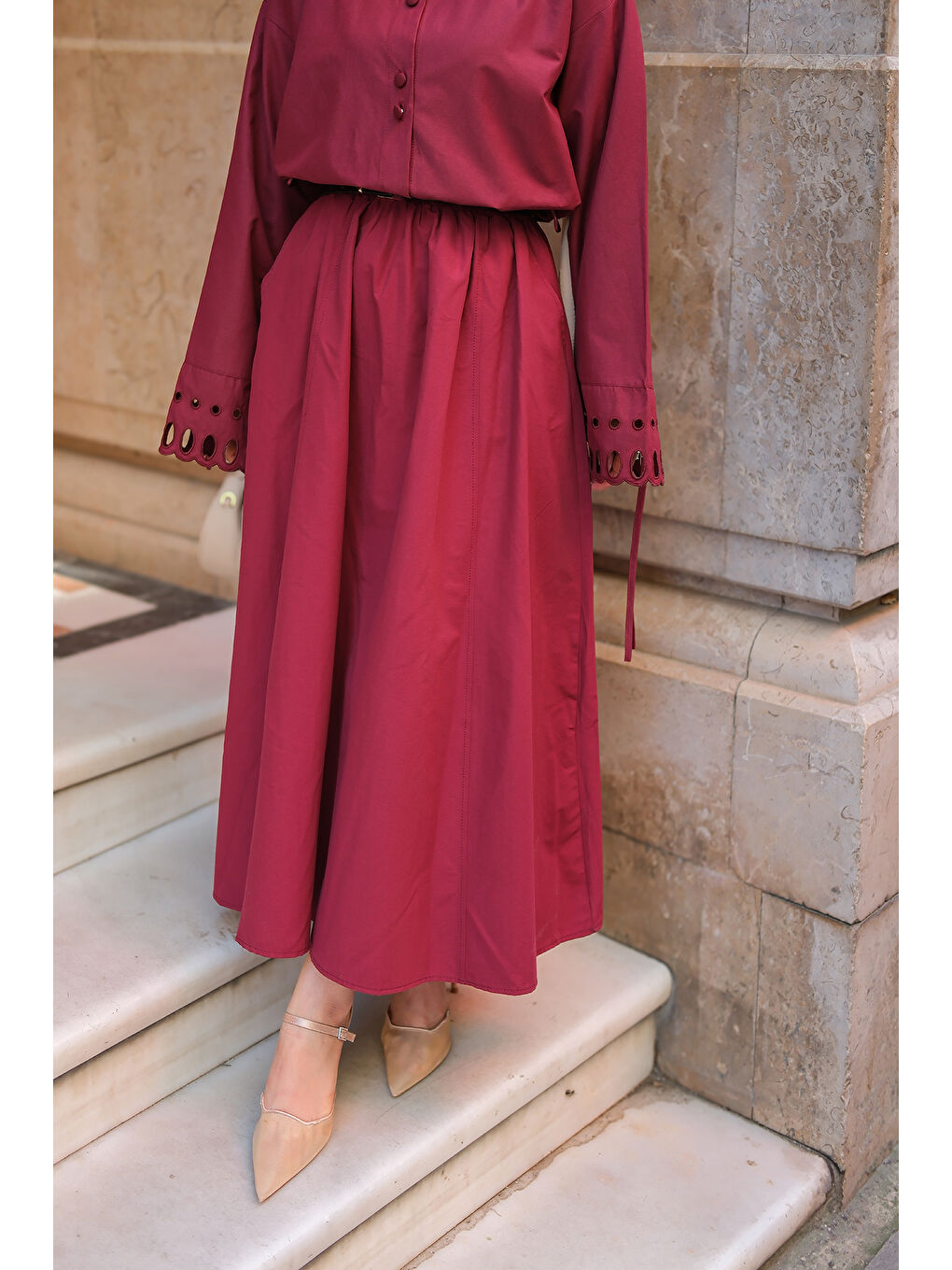 Kadın Bel Lastikli Etek Bordo-4