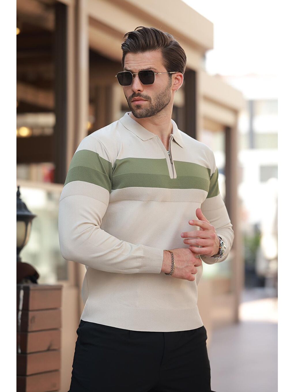 Bej Fermuarlı Polo Yaka Çizgili Uzun Kollu Kazak E7288-5