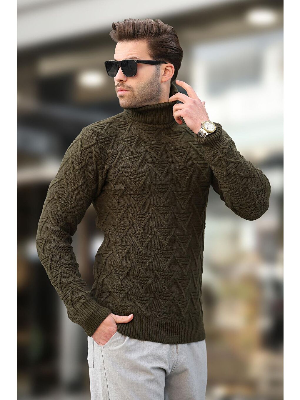 Haki Balıkçı Yaka Desenli Erkek Kazak E7292-4