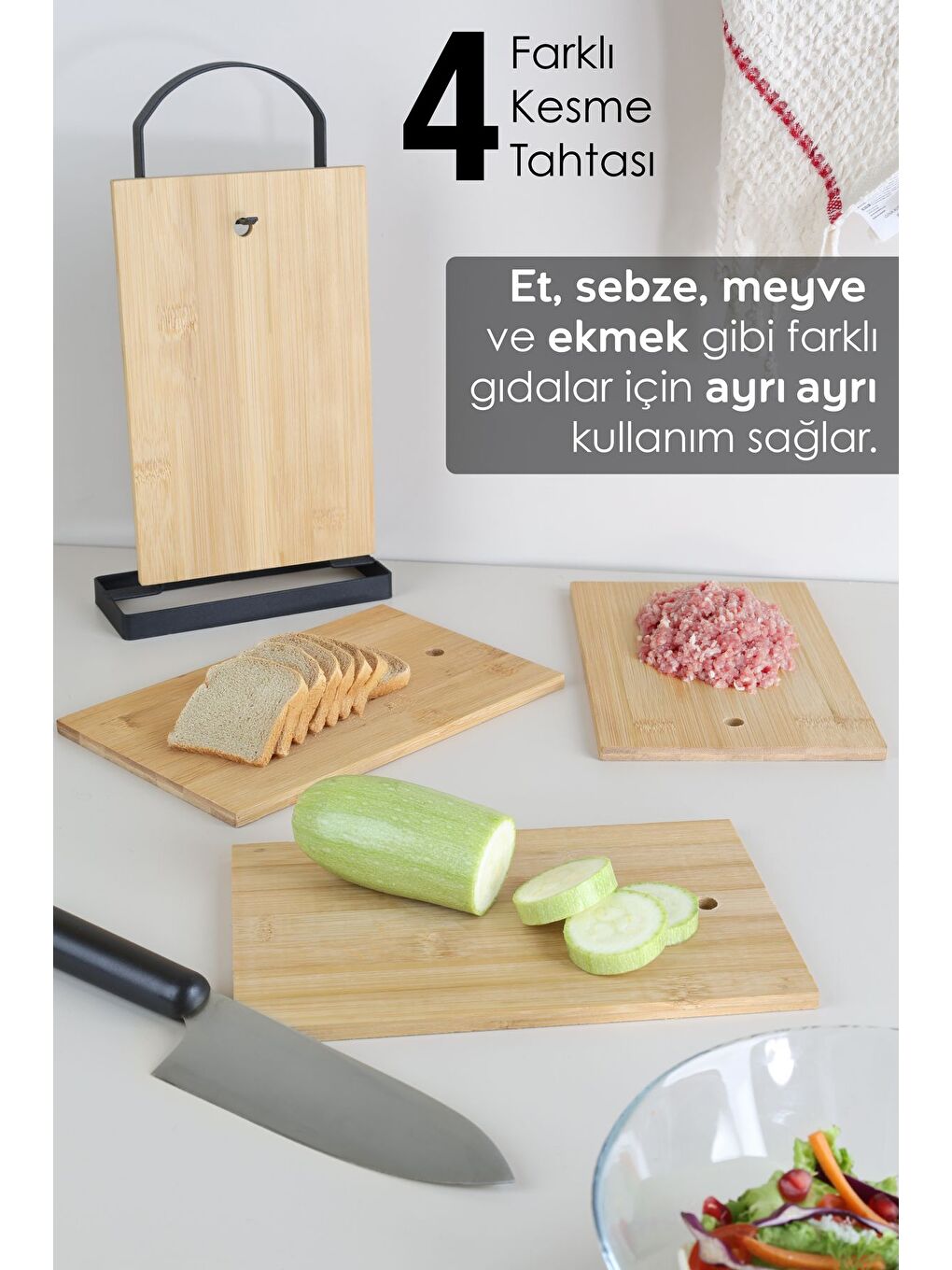 Bej 4'lü Metal Standlı Bambu Kesme Tahtası Dikdörtgen Doğrama Tahtası Kesim Panosu Sunum Tahtası-1