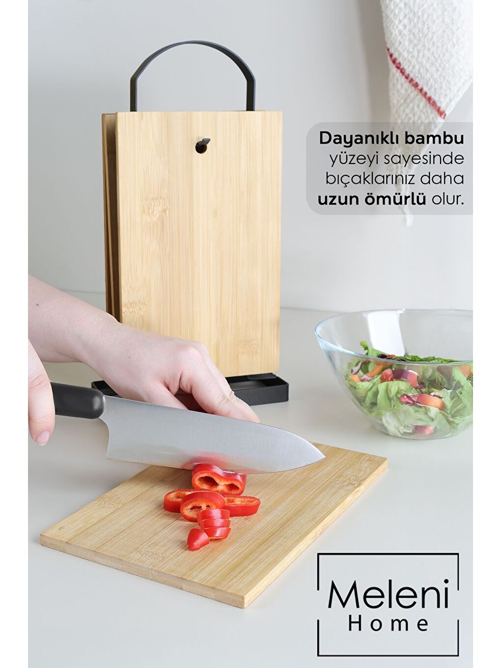 Bej 4'lü Metal Standlı Bambu Kesme Tahtası Dikdörtgen Doğrama Tahtası Kesim Panosu Sunum Tahtası-2