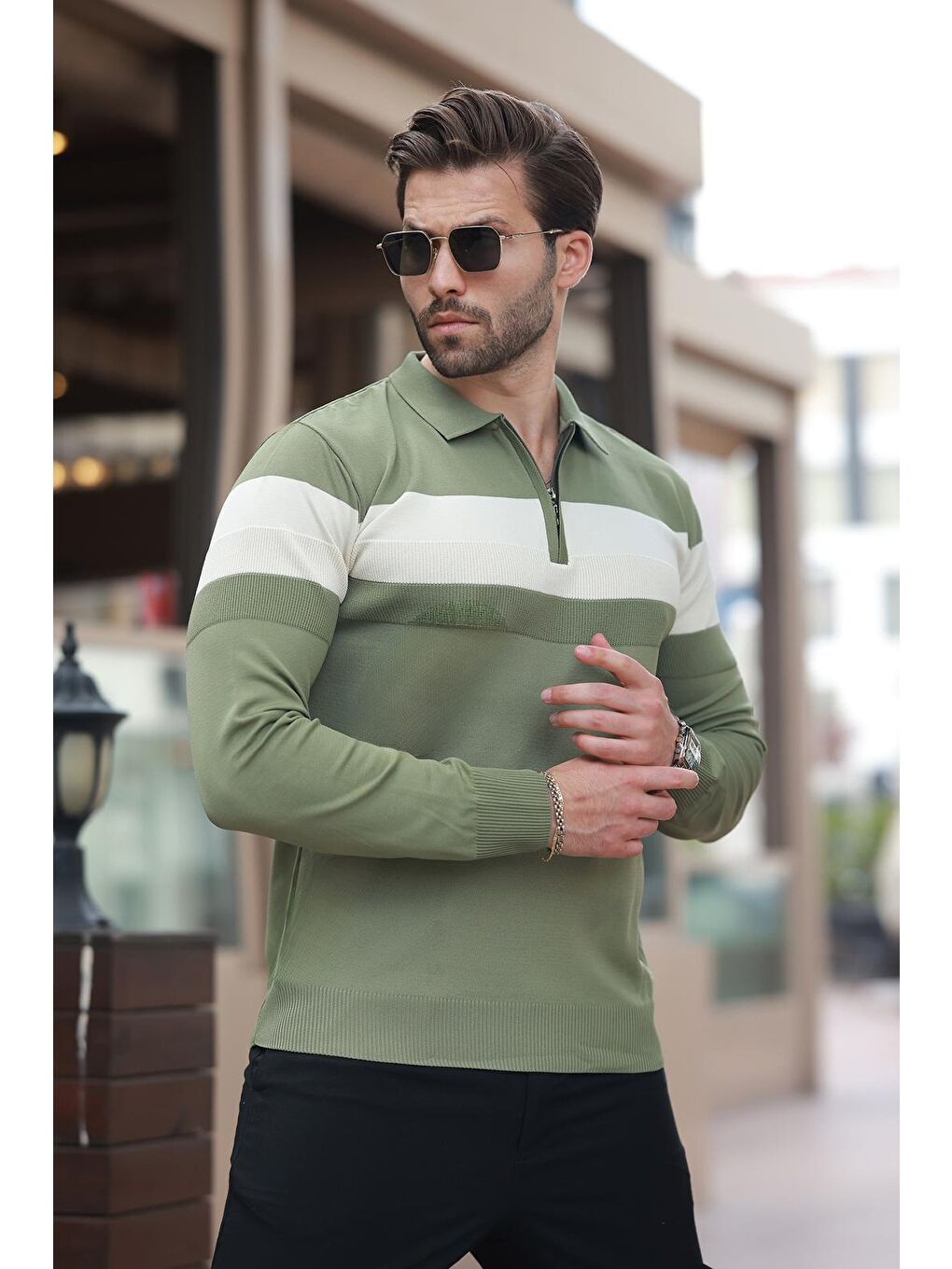 Haki Fermuarlı Polo Yaka Çizgili Uzun Kollu Kazak E7288-5