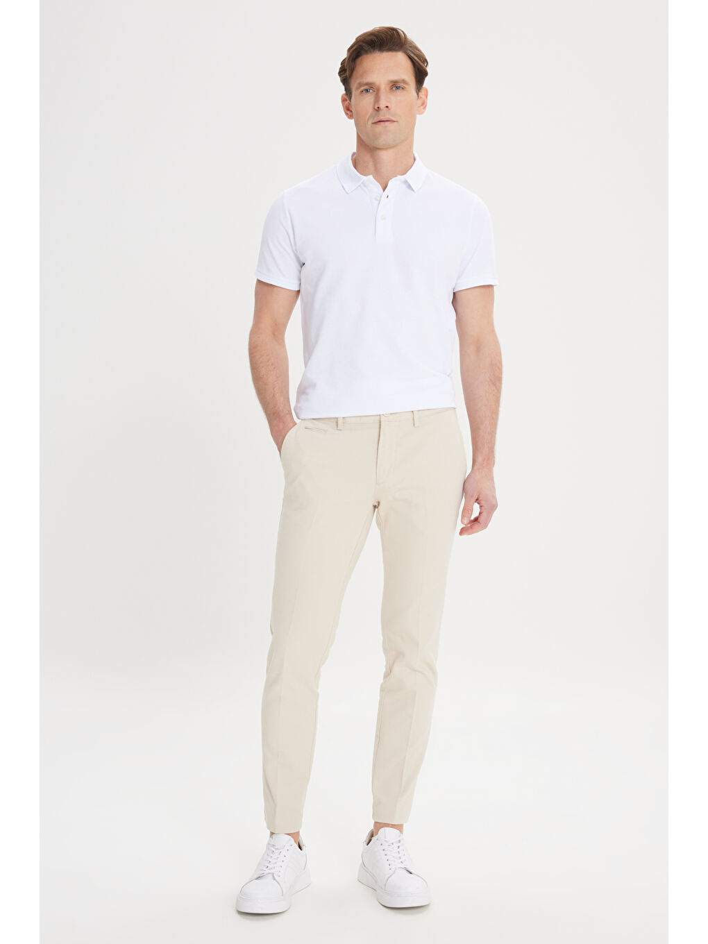 Erkek Ekru Slim Fit Dar Kesim Yan Cepli Pamuklu Esnek Armürlü Pantolon-2