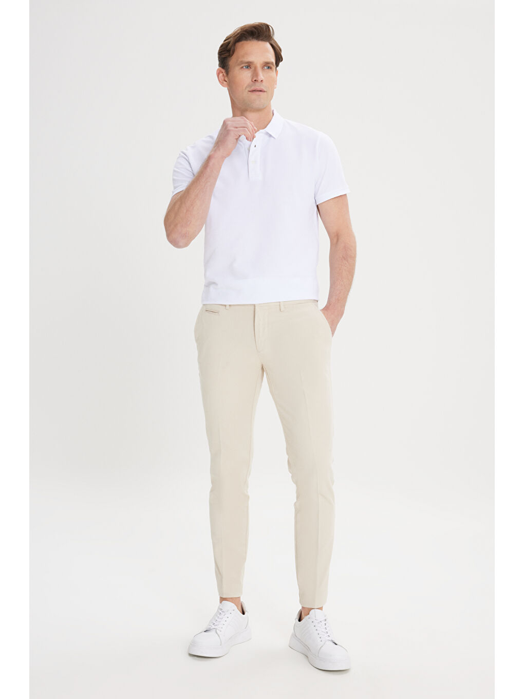 Erkek Ekru Slim Fit Dar Kesim Yan Cepli Pamuklu Esnek Armürlü Pantolon-3