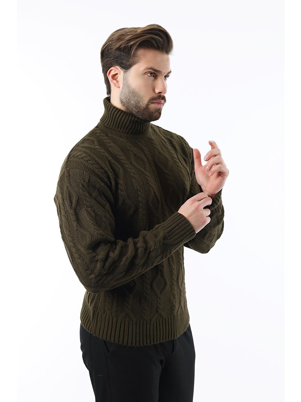 Haki Balıkçı Yaka Desenli Erkek Kazak E7292-5