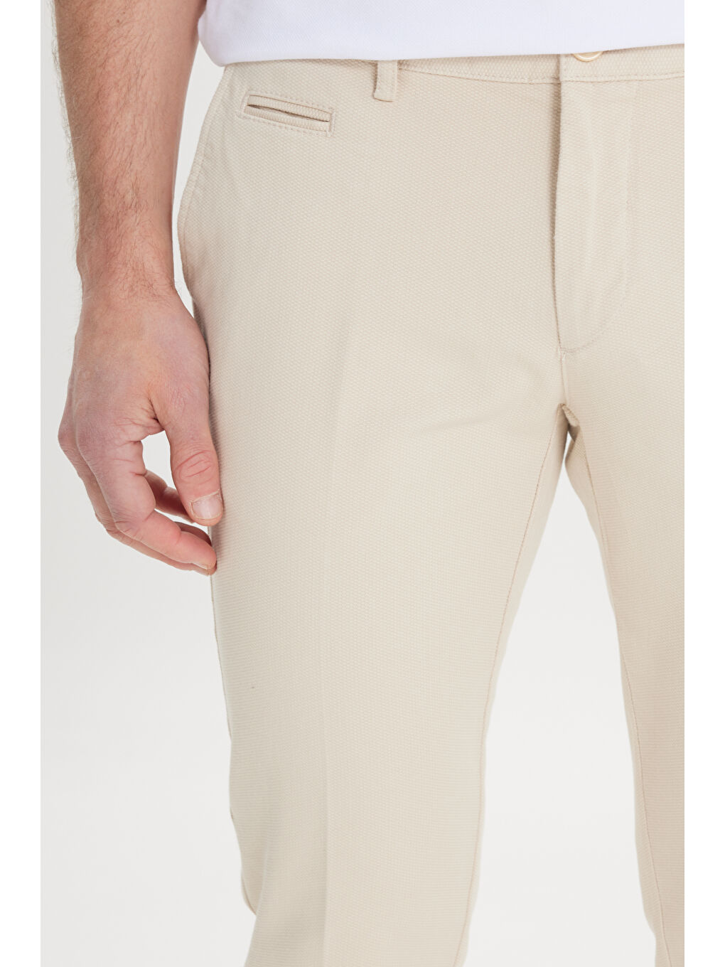 Erkek Ekru Slim Fit Dar Kesim Yan Cepli Pamuklu Esnek Armürlü Pantolon-4