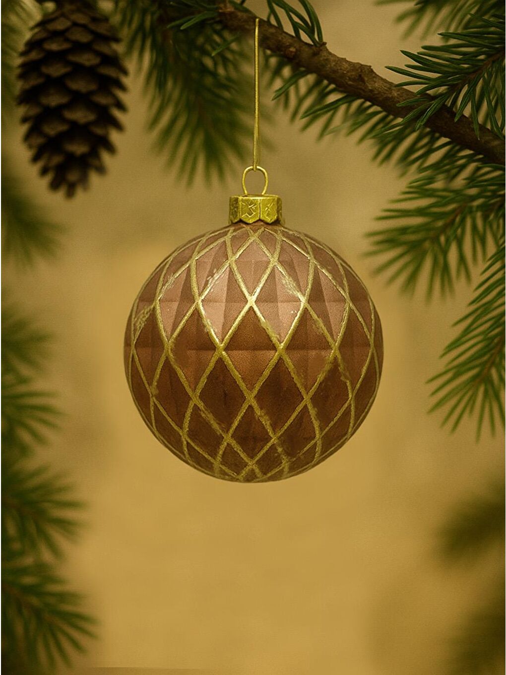 Turuncu Yılbaşı Topu Altın Eskitme Detaylı Geometrik Form Çam Ağacı Süsü Bakır 10 cm 2'li
