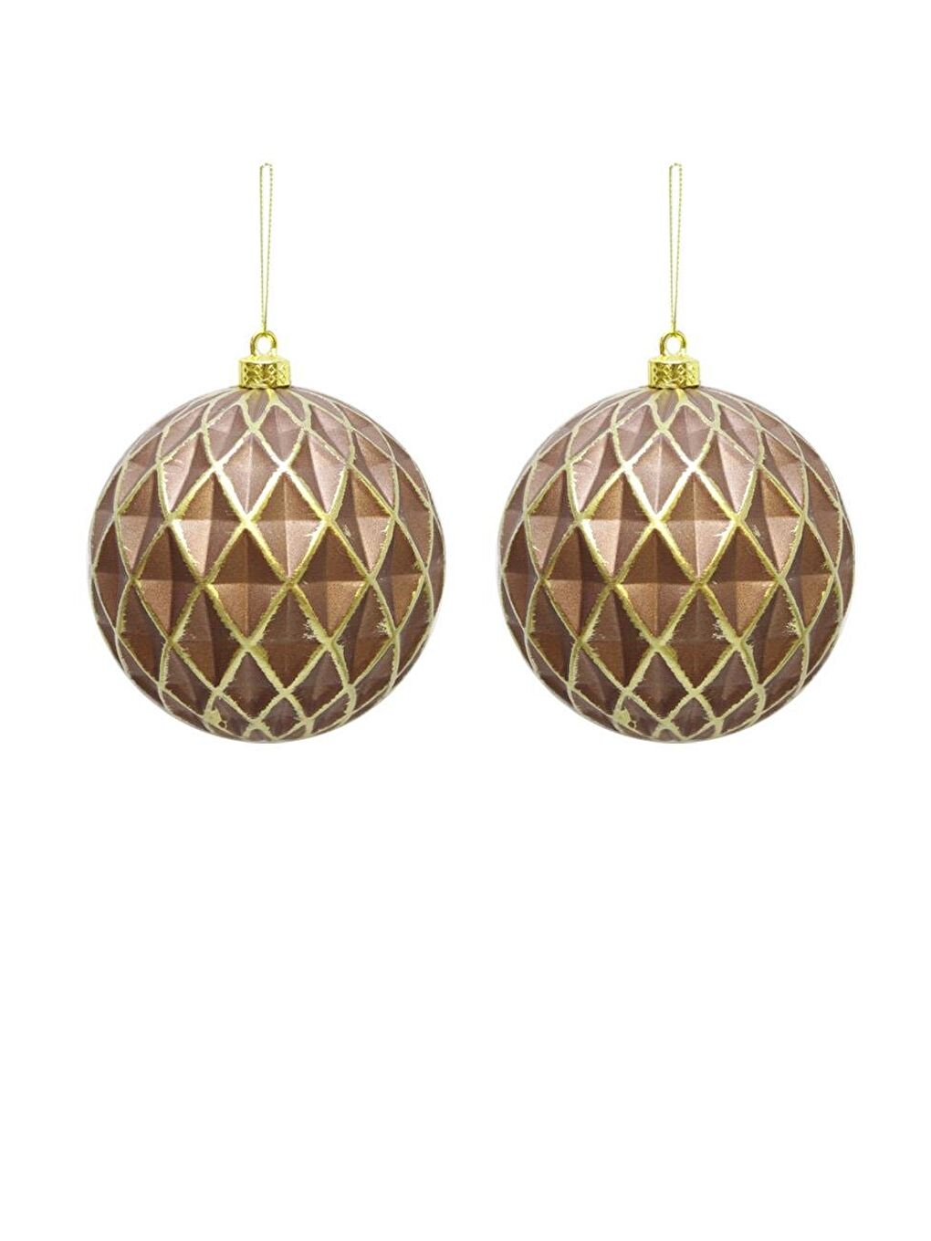 Turuncu Yılbaşı Topu Altın Eskitme Detaylı Geometrik Form Çam Ağacı Süsü Bakır 10 cm 2'li-1