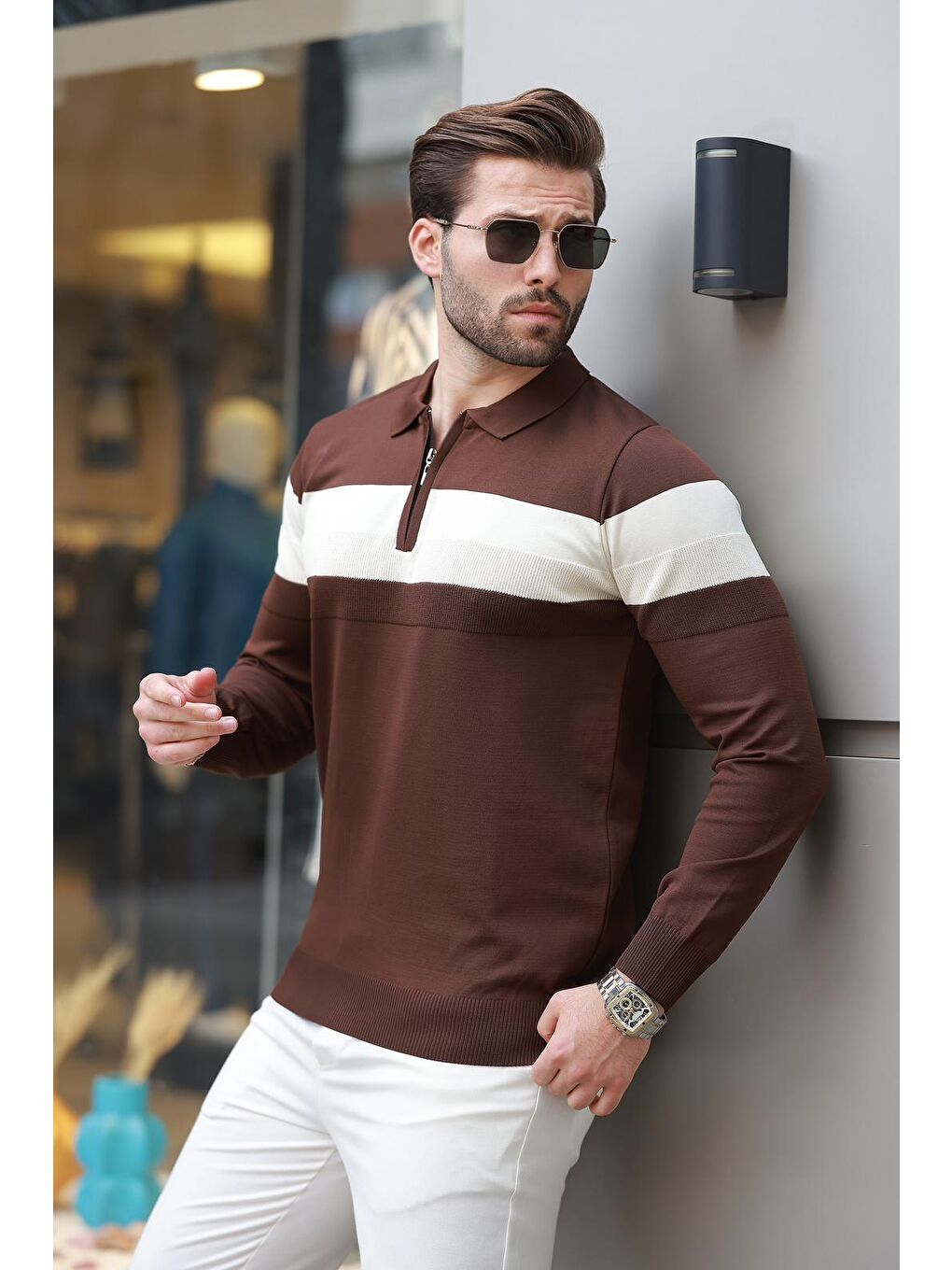 Kahverengi Fermuarlı Polo Yaka Çizgili Uzun Kollu Kazak E7288