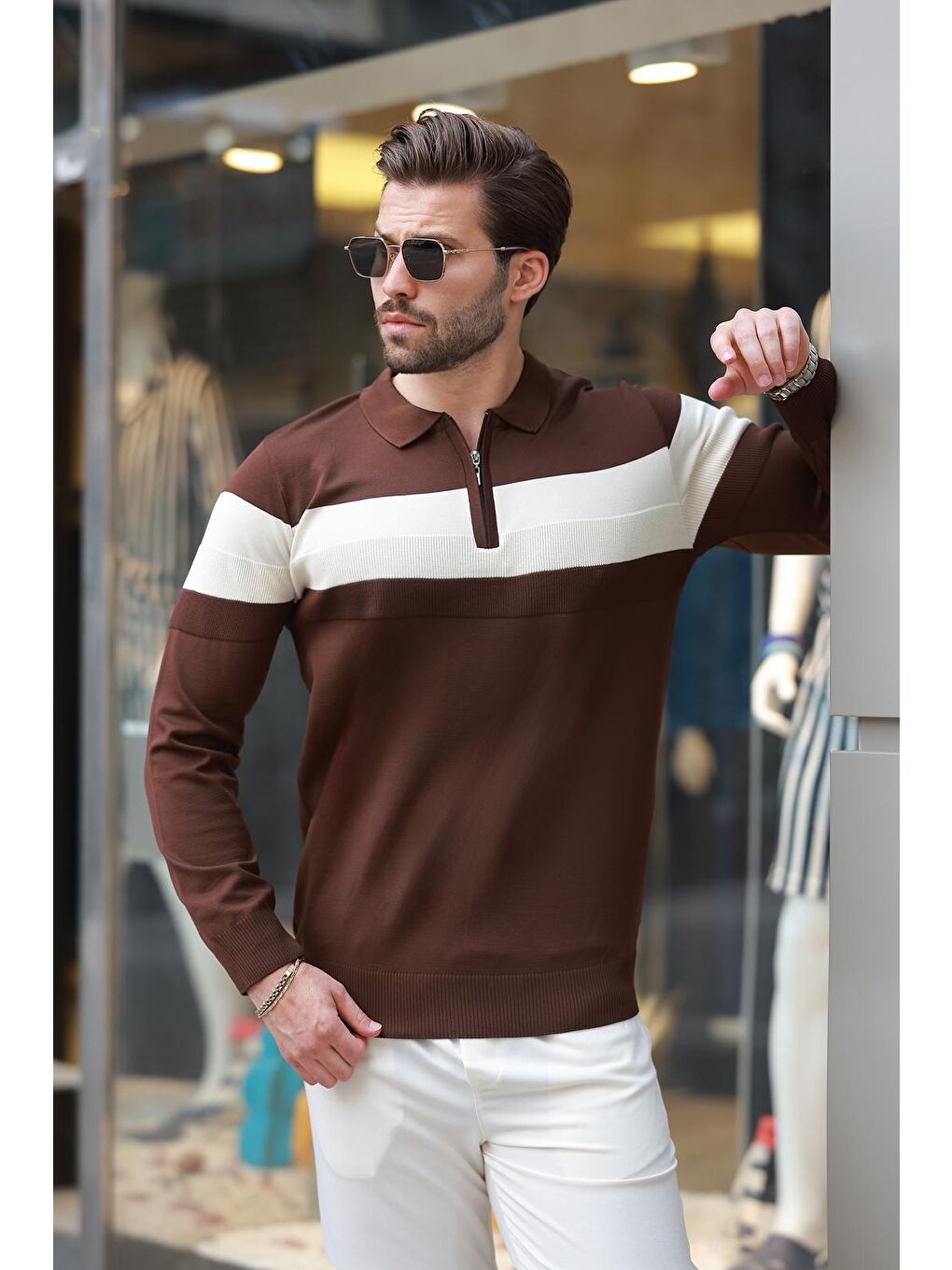 Kahverengi Fermuarlı Polo Yaka Çizgili Uzun Kollu Kazak E7288-1