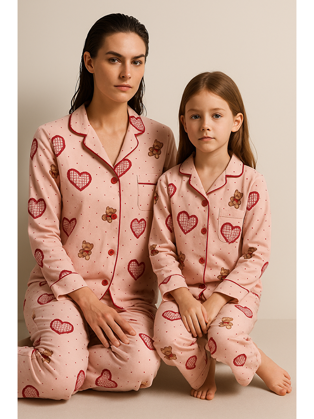Kadın Kalpli Teddy Desenli Pijama Takımı Pembe-1