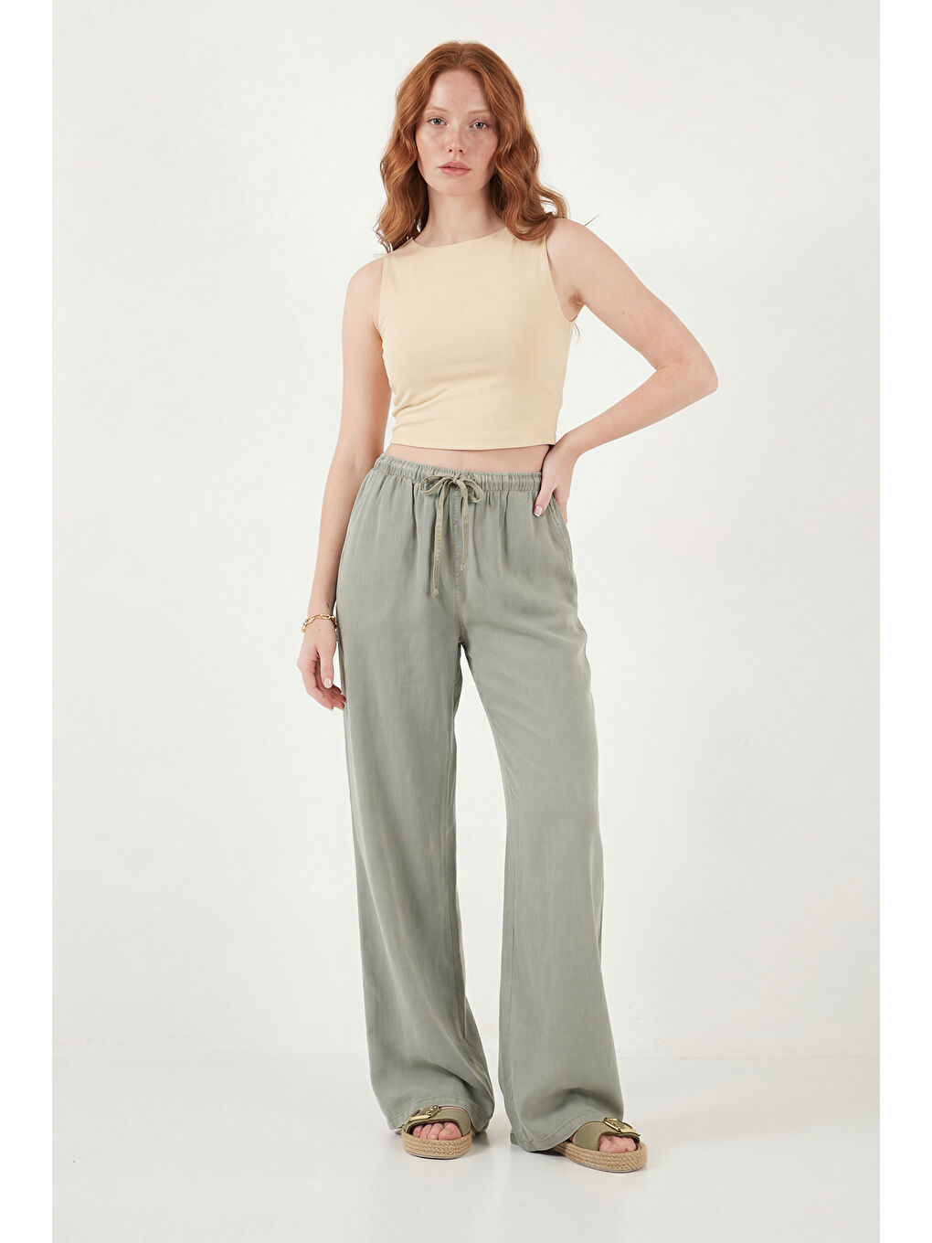 Haki Wide Leg Yüksek Bel Geniş Paça Kadın Pantolon 668YP5424-5