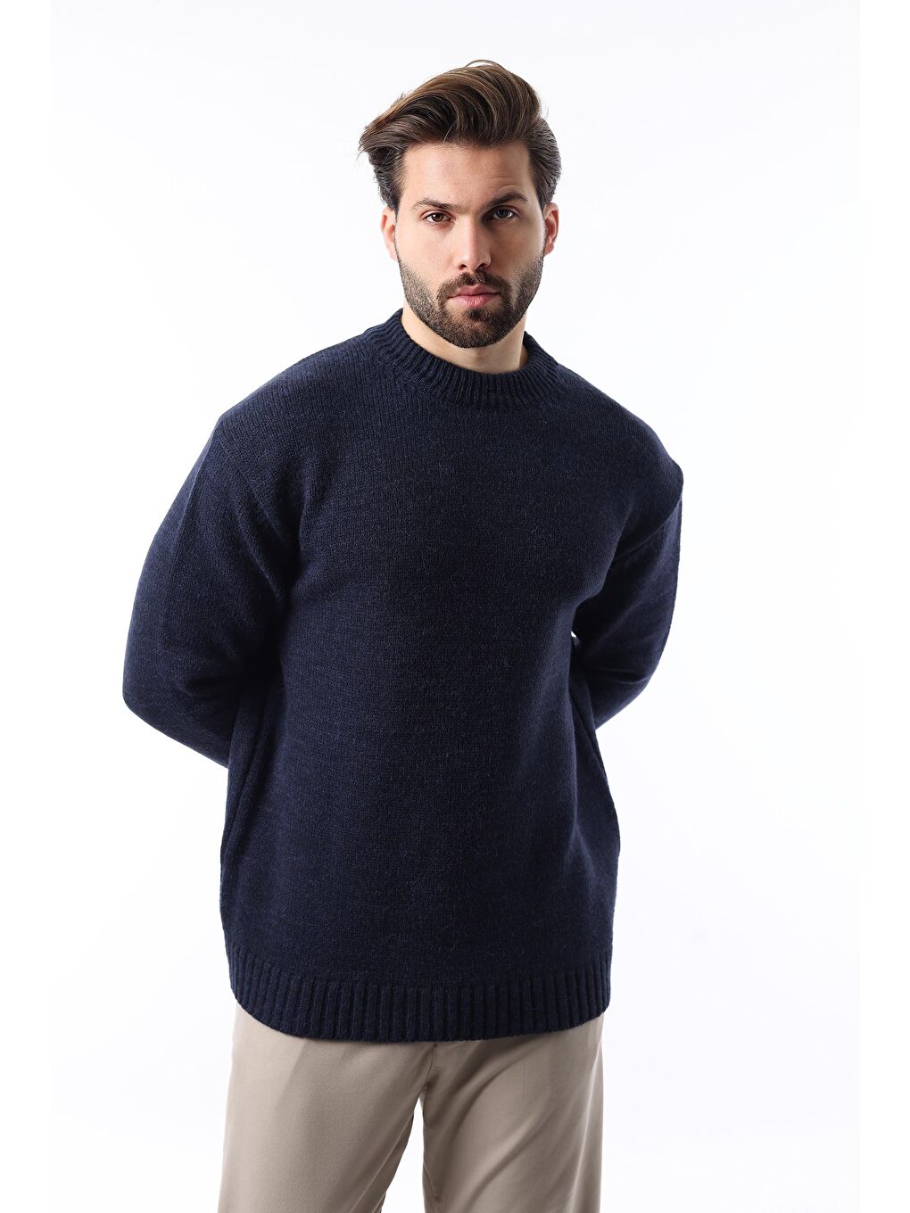 Lacivert Bisiklet Yaka Overfit Erkek Triko Kazak E7402-4