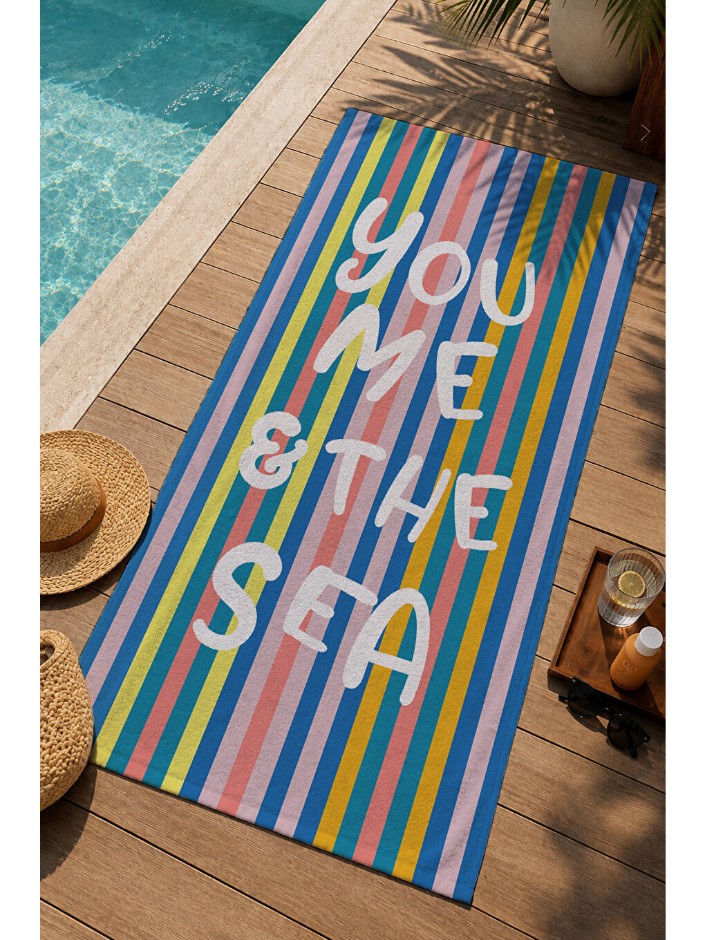 Mavi Renkli Dikey Çizgili You Me And The Sea Yazılı 70x150 Cm Dijital Baskılı Plaj Ve Banyo Havlusu-2