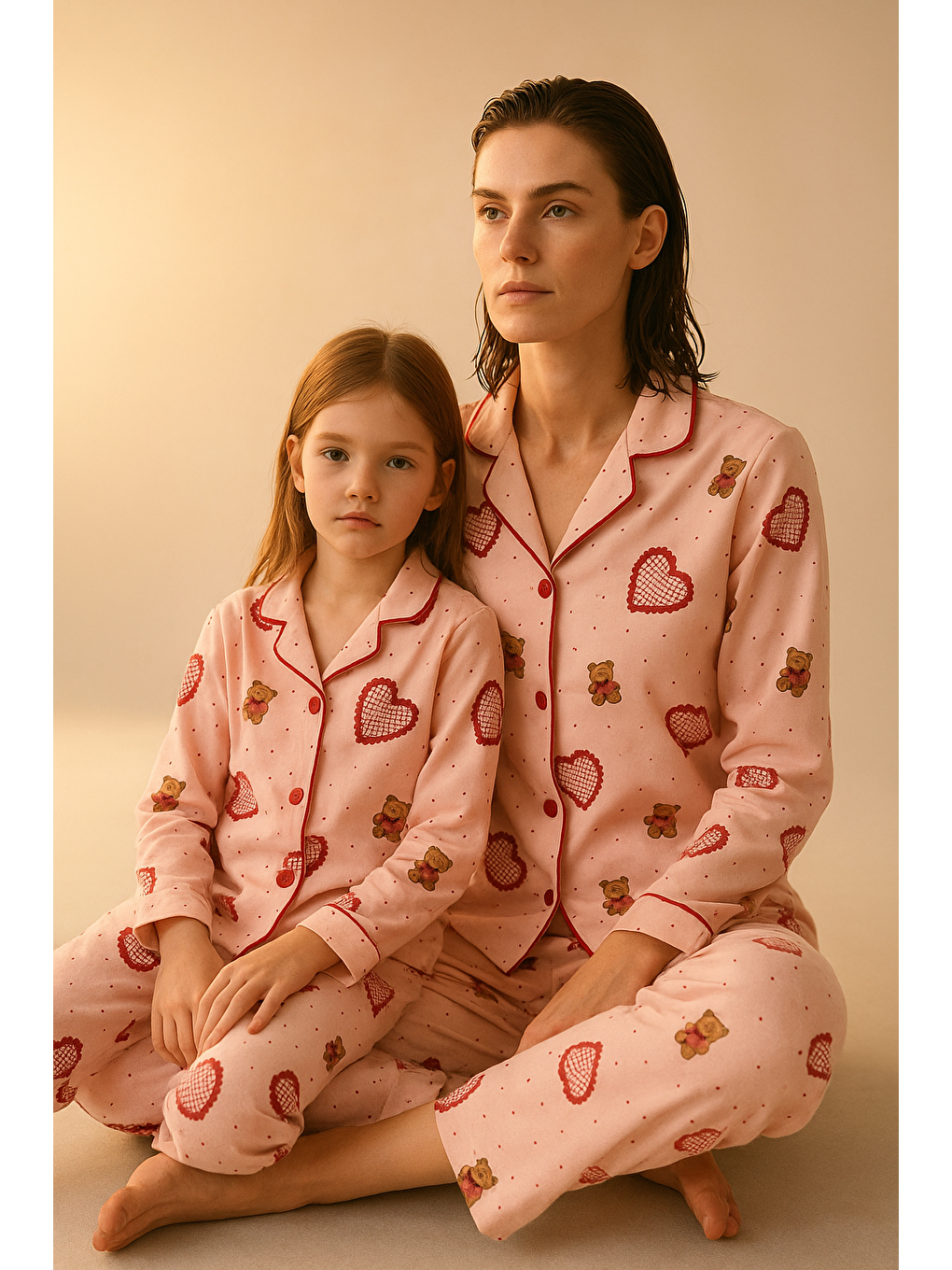 Kadın Kalpli Teddy Desenli Pijama Takımı Pembe-2