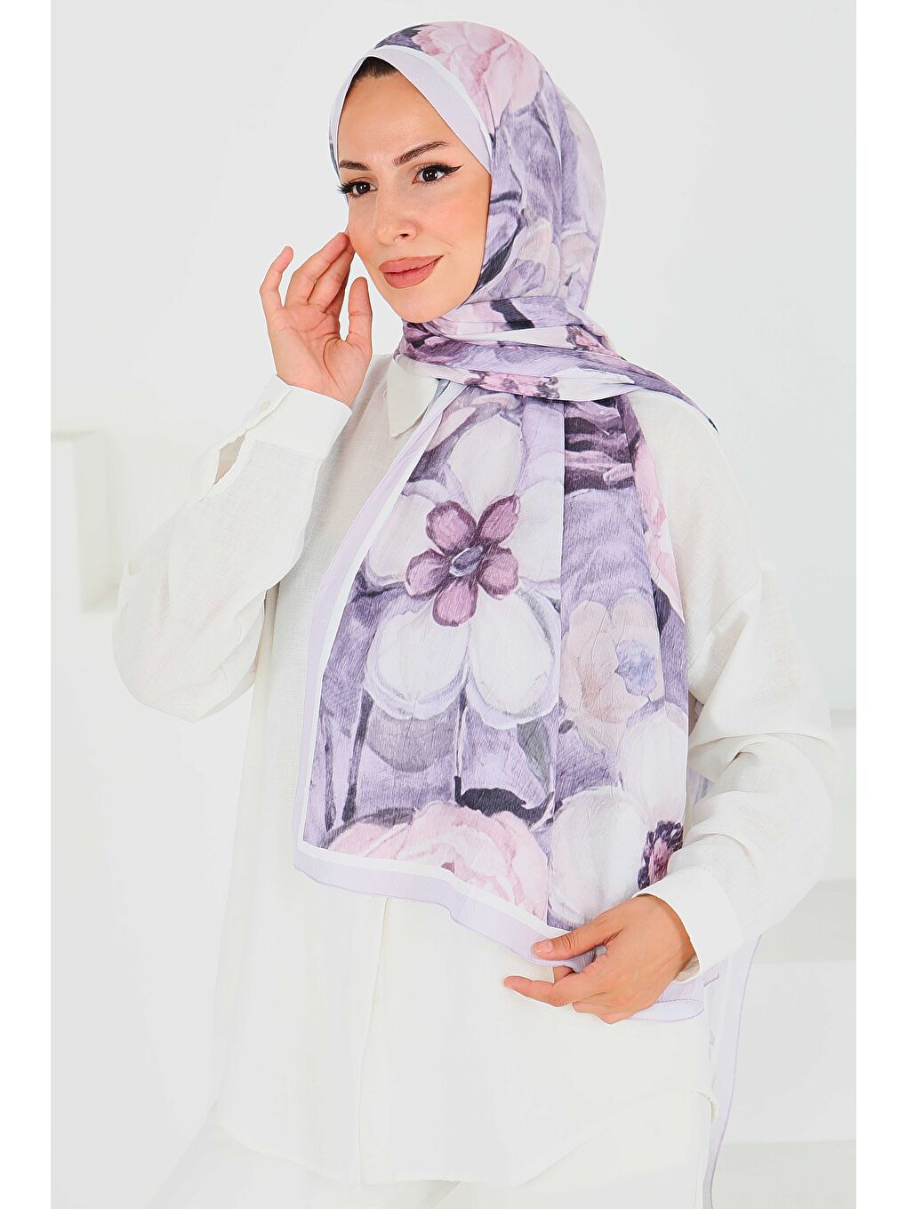 Desenli Bambu Kare Şal Lila - 27523