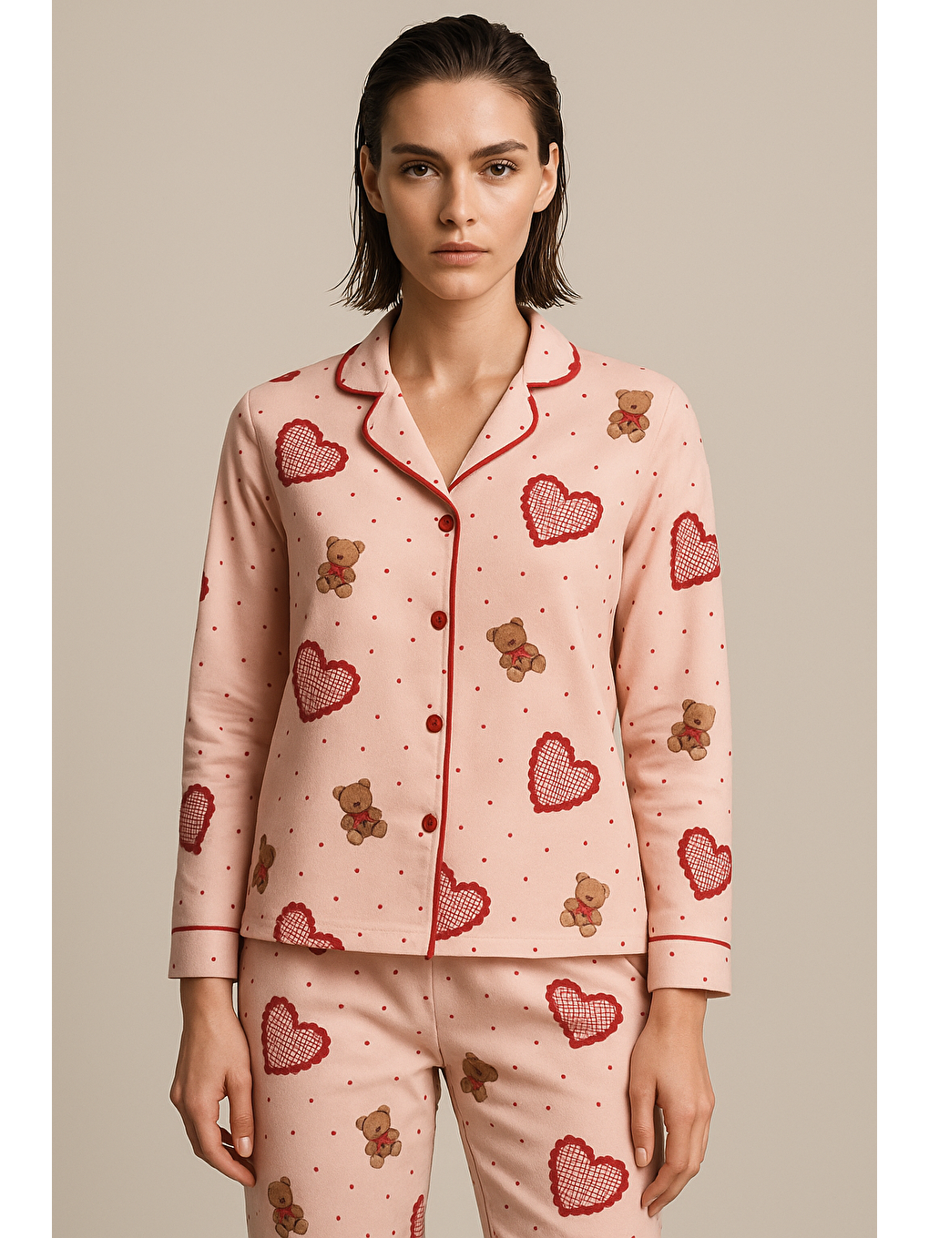 Kadın Kalpli Teddy Desenli Pijama Takımı Pembe-3