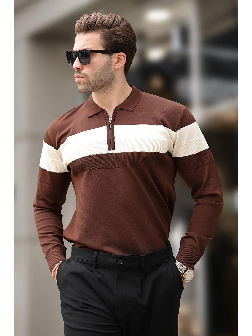 Kahverengi Fermuarlı Polo Yaka Çizgili Uzun Kollu Kazak E7288-2