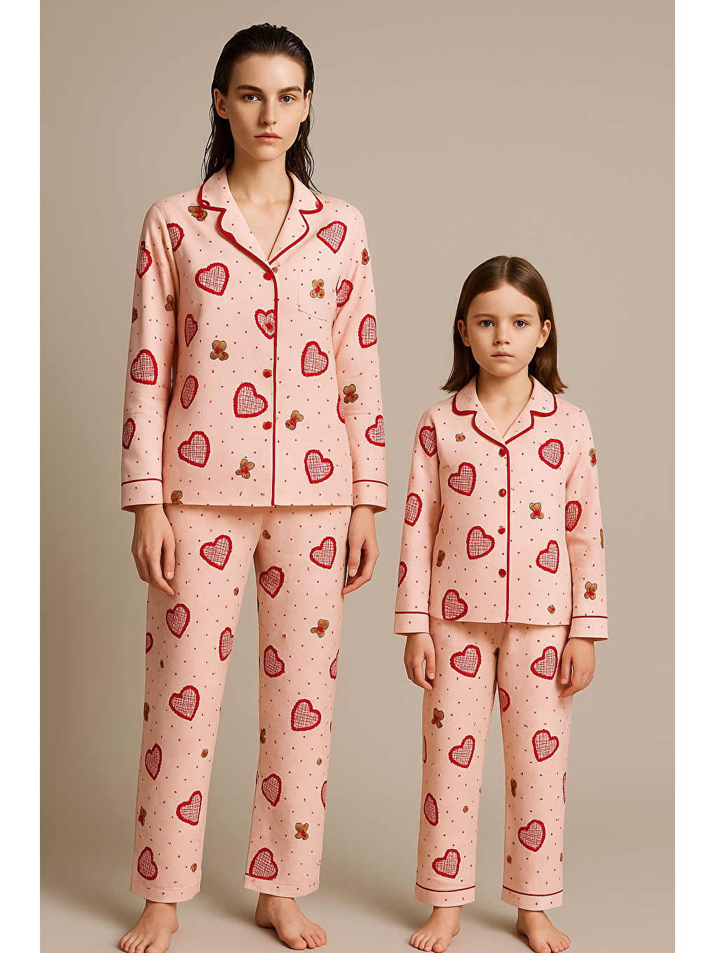 Kadın Kalpli Teddy Desenli Pijama Takımı Pembe-4