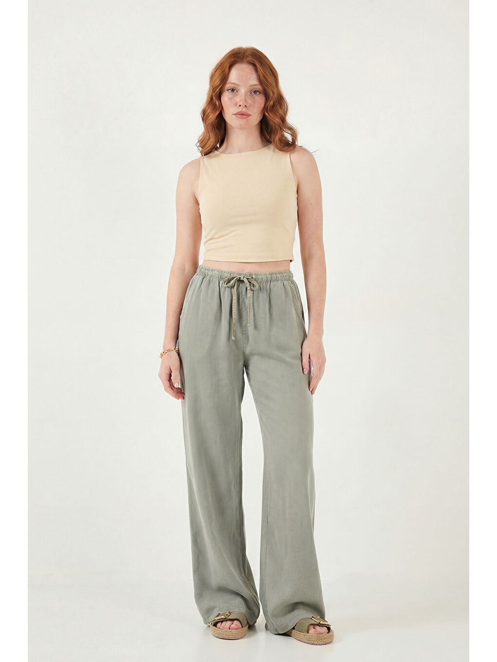 Haki Wide Leg Yüksek Bel Geniş Paça Kadın Pantolon 668YP5424-1