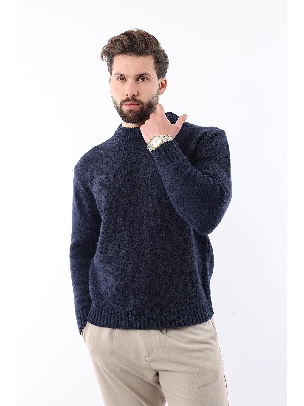 Lacivert Bisiklet Yaka Overfit Erkek Triko Kazak E7402-5