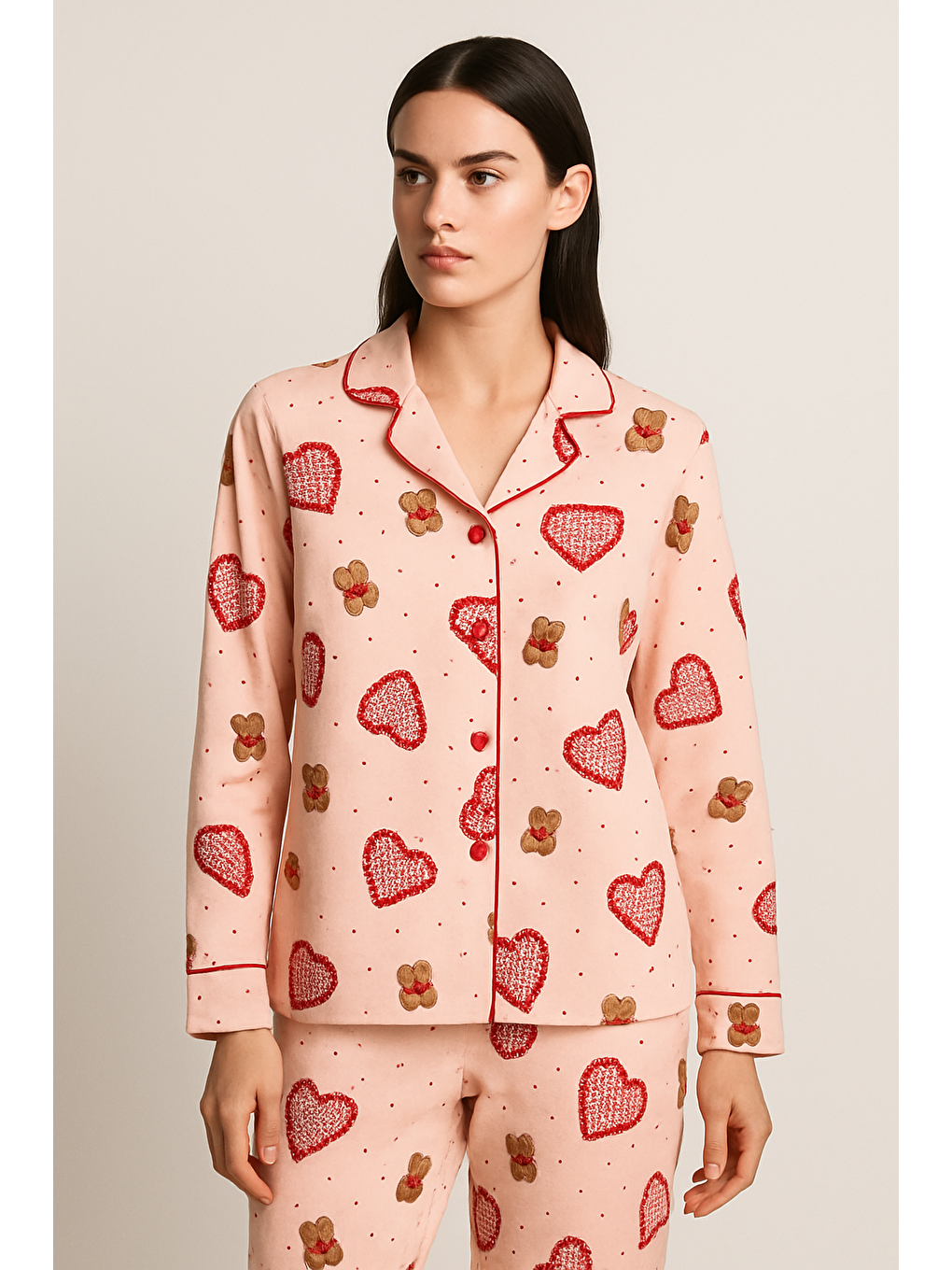 Kadın Kalpli Teddy Desenli Pijama Takımı Pembe-5