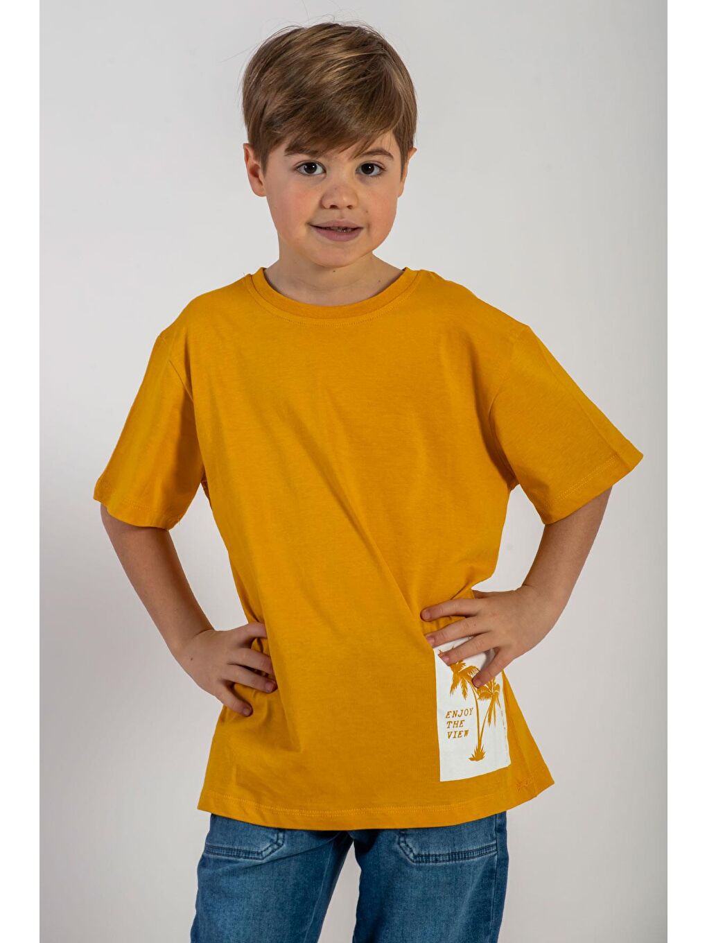 Sarı Bisiklet Yaka Kısa Kol Palmiye Baskılı Hardal Renk Erkek Çocuk Tshirt